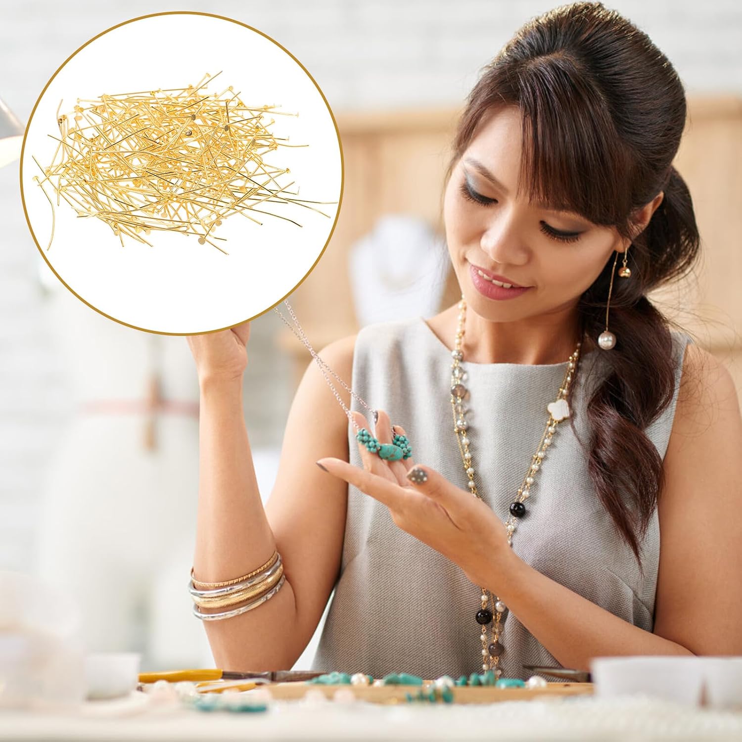 SOLUSTRE 400pcs Flat Head Metal Pins for Jewelry Making DIY Beading Headpins for Earrings Bracelets and Necklaces Gold Jewelry Findings for Bead Threading and Craft Projects