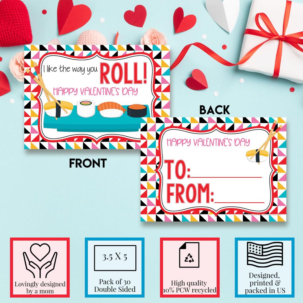AmandaCreation - Tarjetas para el día de San Valentín con texto en inglés "I Like The Way You Roll para regalar a amigos y compañeros de clase, treinta (30) tarjetas de 8,9 x 12,7 cm (sin sobres)