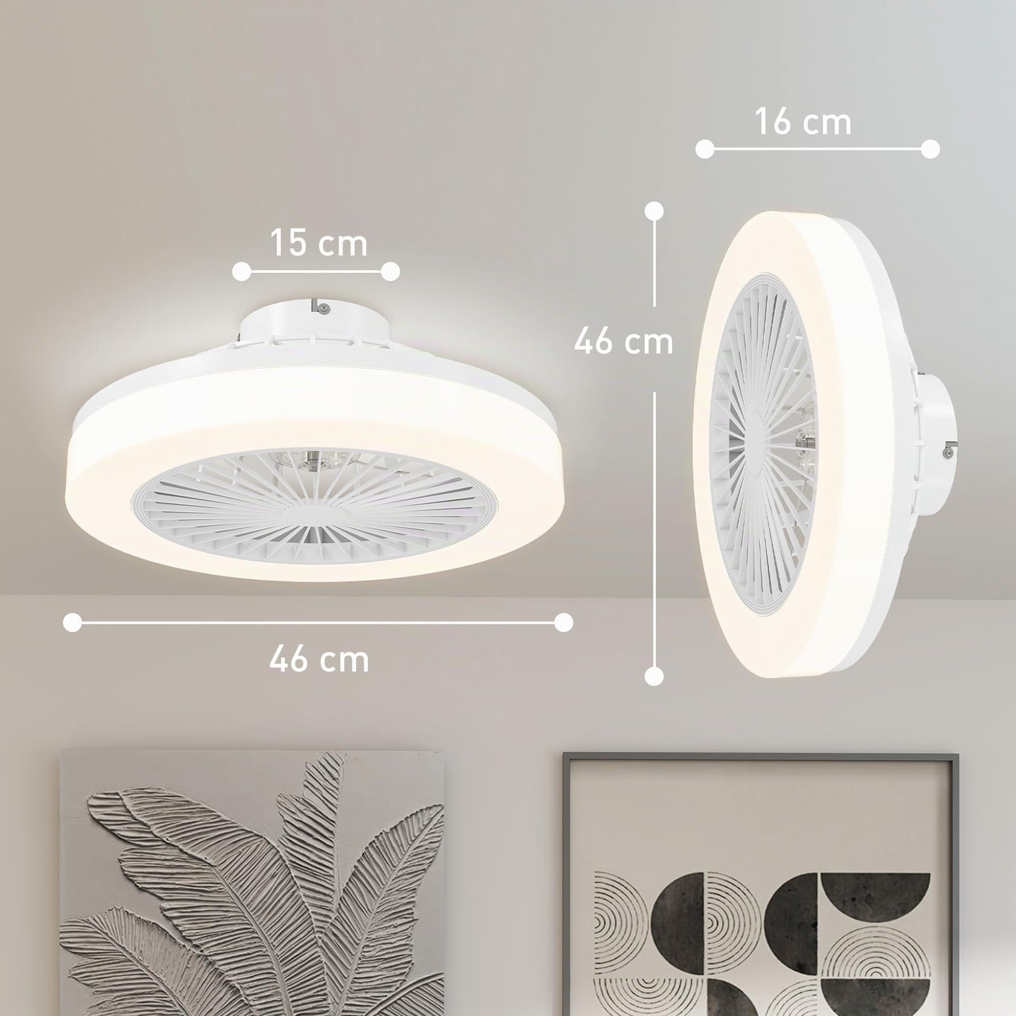 HOMCOM Ventilador de Techo con Luz LED Motor DC Silencioso Ø46 cm Blanco | 40 W Reversible, Lámpara Ventilador Techo, Mando a Distancia, 6 Velocidades, Temporizador, para Salón Dormitorio