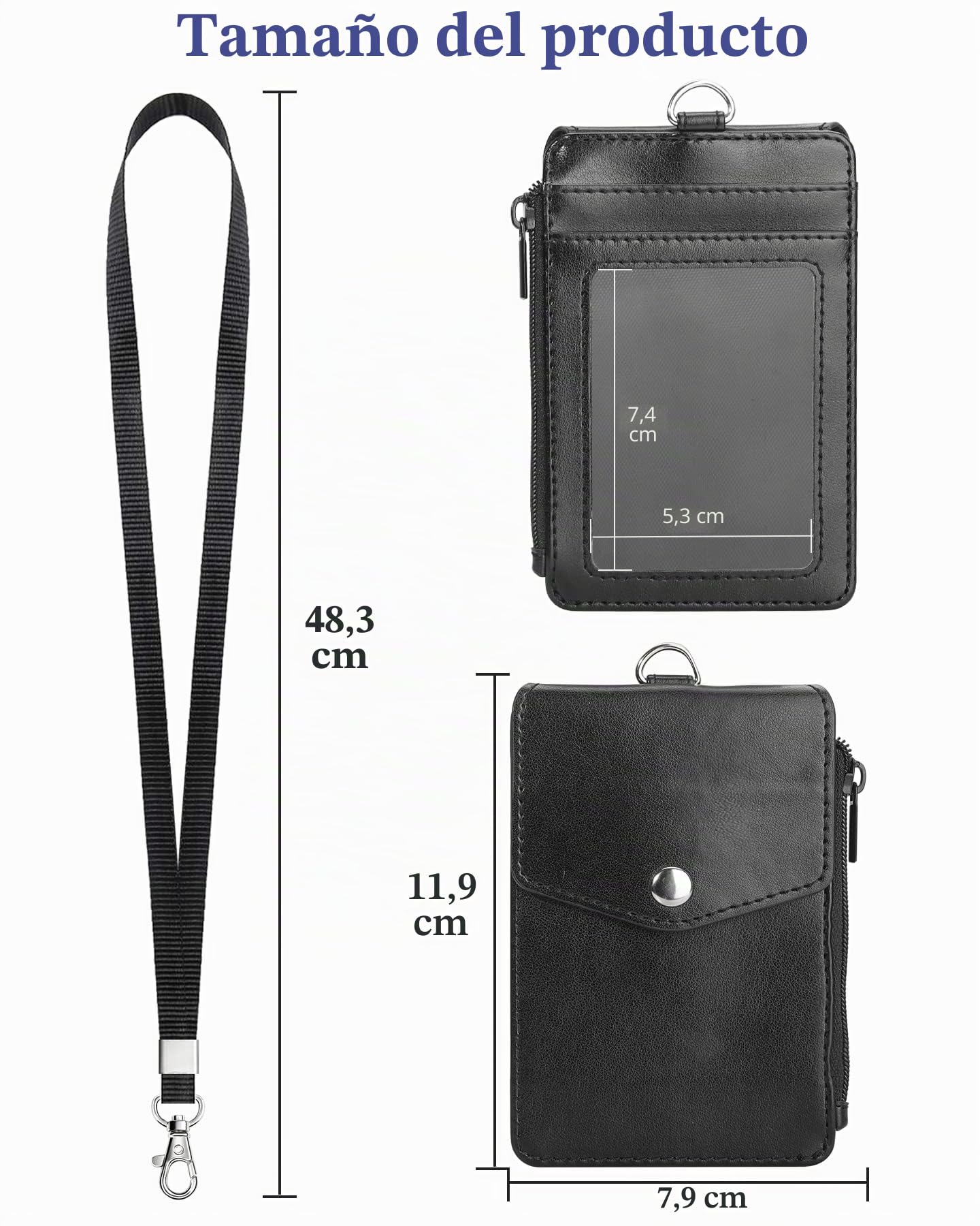 Teskyer Porta Tarjetas Identificativas, Cuero PU, con Bolsillo de Cremallera, Cordón de Nylon, 3 Ranuras para Tarjetas, para la Oficina, la Escuela, Las Tarjetas de crédito, Negro