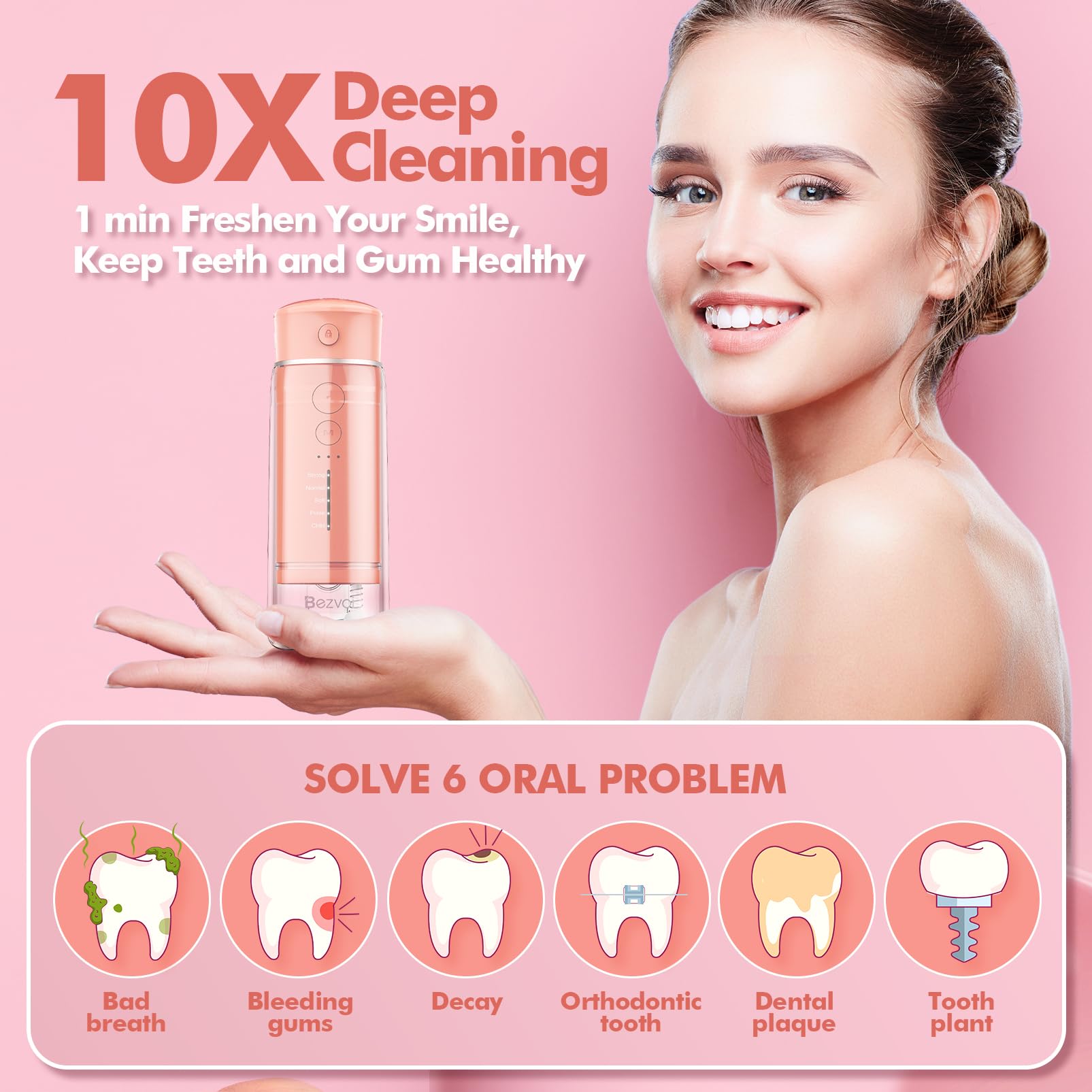 Water Flosser Cordless Travel, Mini Oral Irrigator with Telescopic Water Tank, 5 Modes, 6 Jet Tips - Image 2