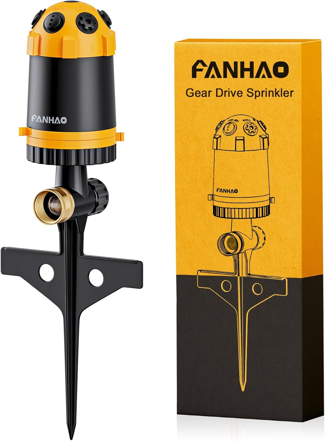 FANHAO Gear Drive Lawn Sprinkler with Metal Spike Base, 6-Pattern Heavy Duty Water Sprinkler System, Multi-Adjustable Irrigation Sprinkler for Large Yard Area Watering, Garden Plant and Flower Bed