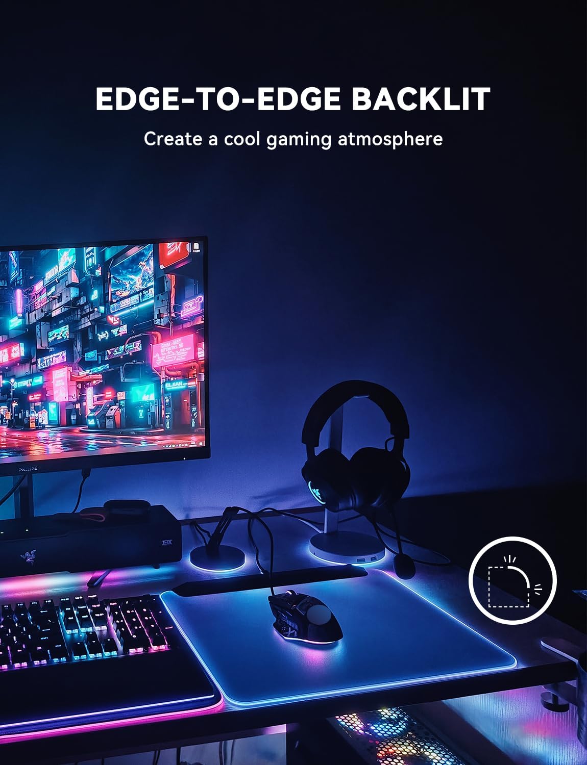 Soleil X3 Gaming Mouse Mat, Monitor Color Sync RGB Backlit, 18 Zone LED Lighting, Music Sync Mode, Cool Mouse Pad for Gaming Desk, 14.18×12.13in Large Size, USB-Type C Cable, White mat & Black Metal