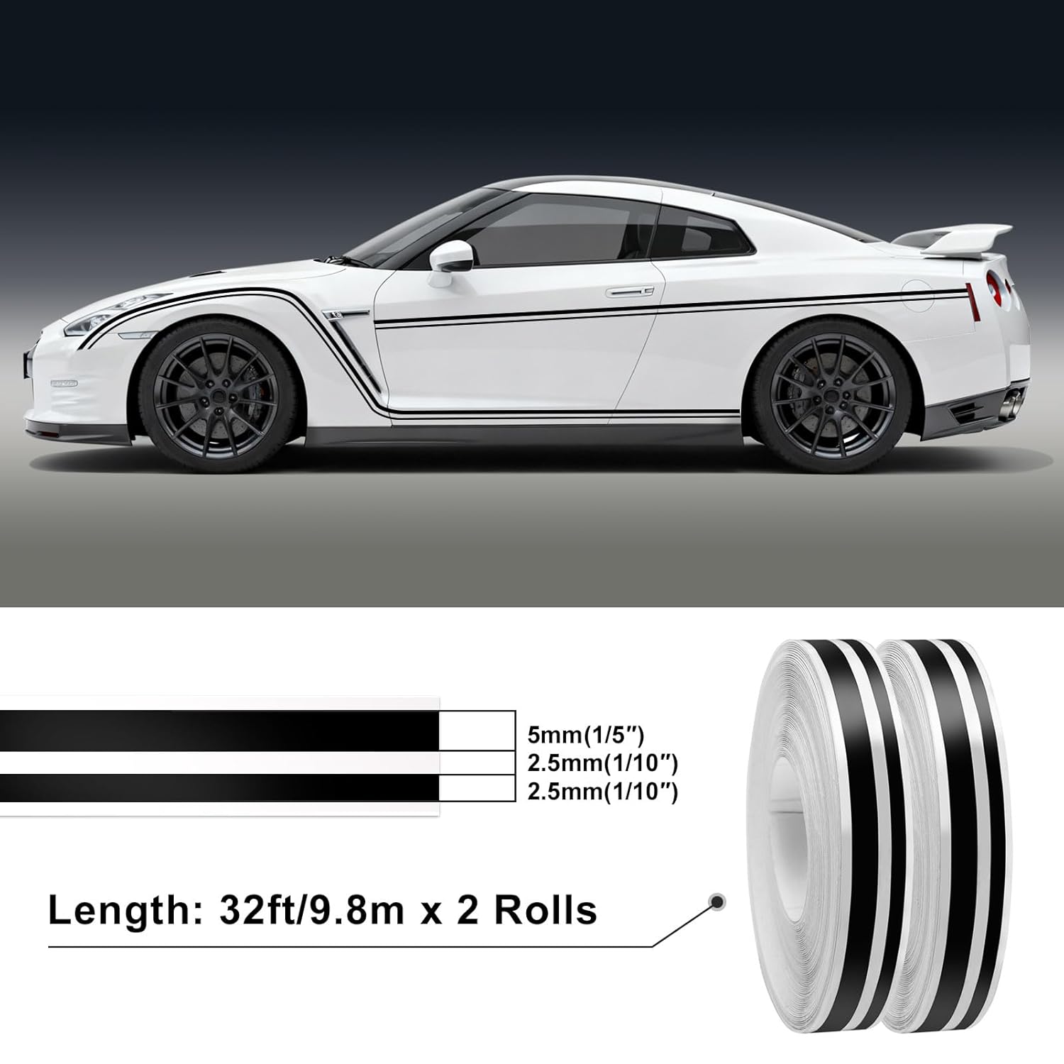 Spurtar Car Pinstripe Tape, 2 Rolls x 32Ft Pinstriping Automotive Tape Racing Stripes, Black Vinyl Pinstripe Decals for Car, Motorcycle and Boat DIY Stickers,1/5” Stripe+ 1/10" Gap+ 1/10” Stripe