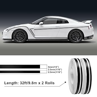 Spurtar Car Pinstripe Tape, 2 Rolls x 32Ft Pinstriping Automotive Tape Racing Stripes, Black Vinyl Pinstripe Decals for Car, Motorcycle and Boat DIY Stickers,1/5 Stripe+ 1/10 Gap+ 1/10 Stripe