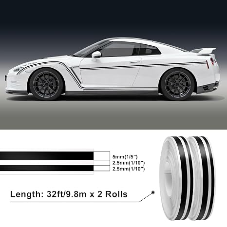 Spurtar Car Pinstripe Tape, 2 Rolls x 32Ft Pinstriping Automotive Tape Racing Stripes, Black Vinyl Pinstripe Decals for Car, Motorcycle and Boat DIY Stickers,1/5 Stripe+ 1/10 Gap+ 1/10 Stripe