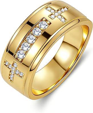 Mens Wedding Band, 18K Gold Plated Rings Non Tarnish Promise Rings For Him Lords Prayer Cross Ring Father in Law Gifts Round Cut Anniversary Engagement Size 7-14