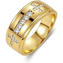 Mens Wedding Band, 18K Gold Plated Rings Non Tarnish Promise Rings For Him Lords Prayer Cross Ring Father in Law Gifts Round Cut Anniversary Engagement Size 7-14