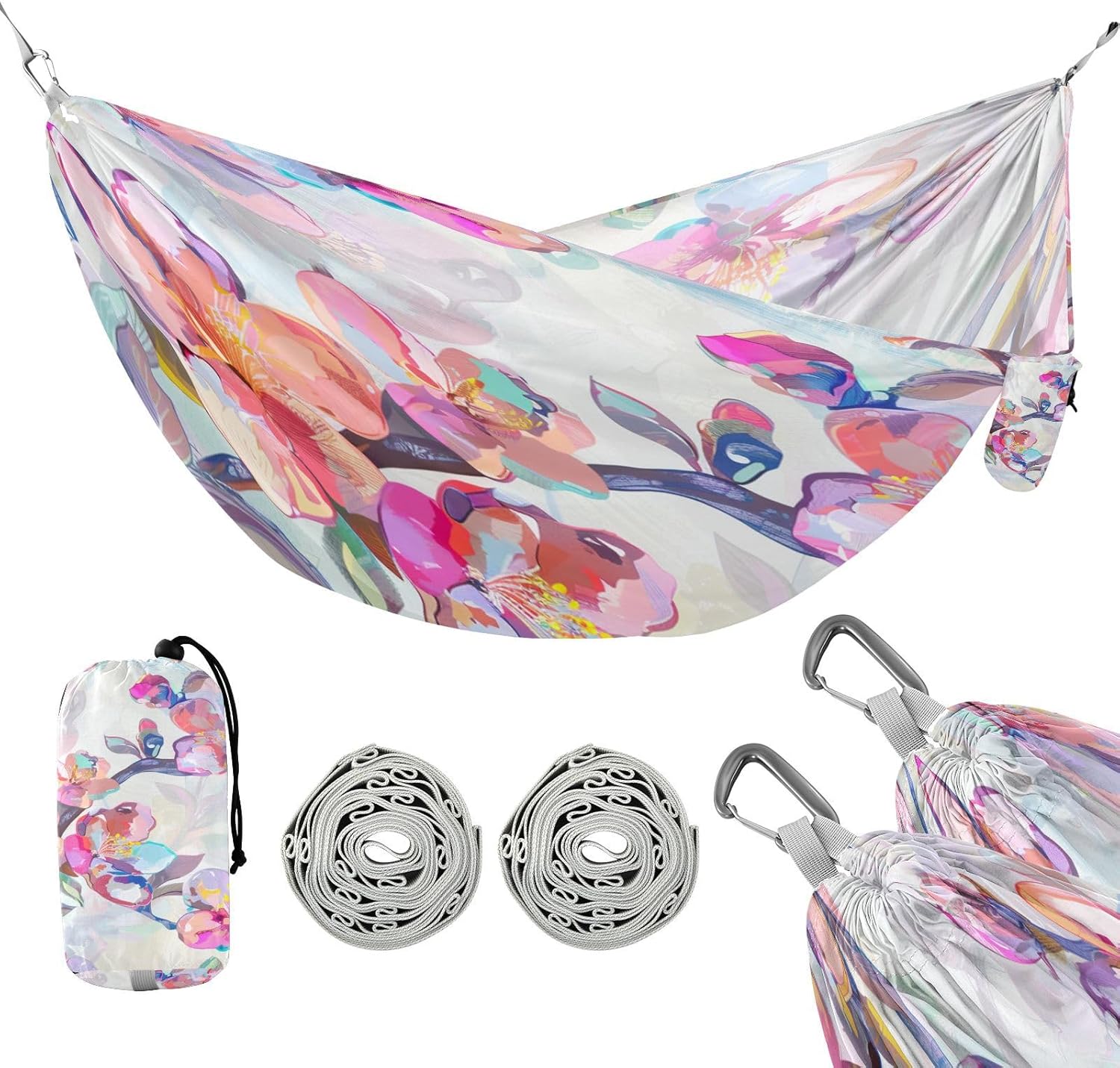 ALAZA Cherry Blossom Watercolor Camping Hammocks Single or 2 Person 500 lbs Portable Parachute Travel Hammock w/Tree Straps for Hiking Backpacking Indoor Outdoor