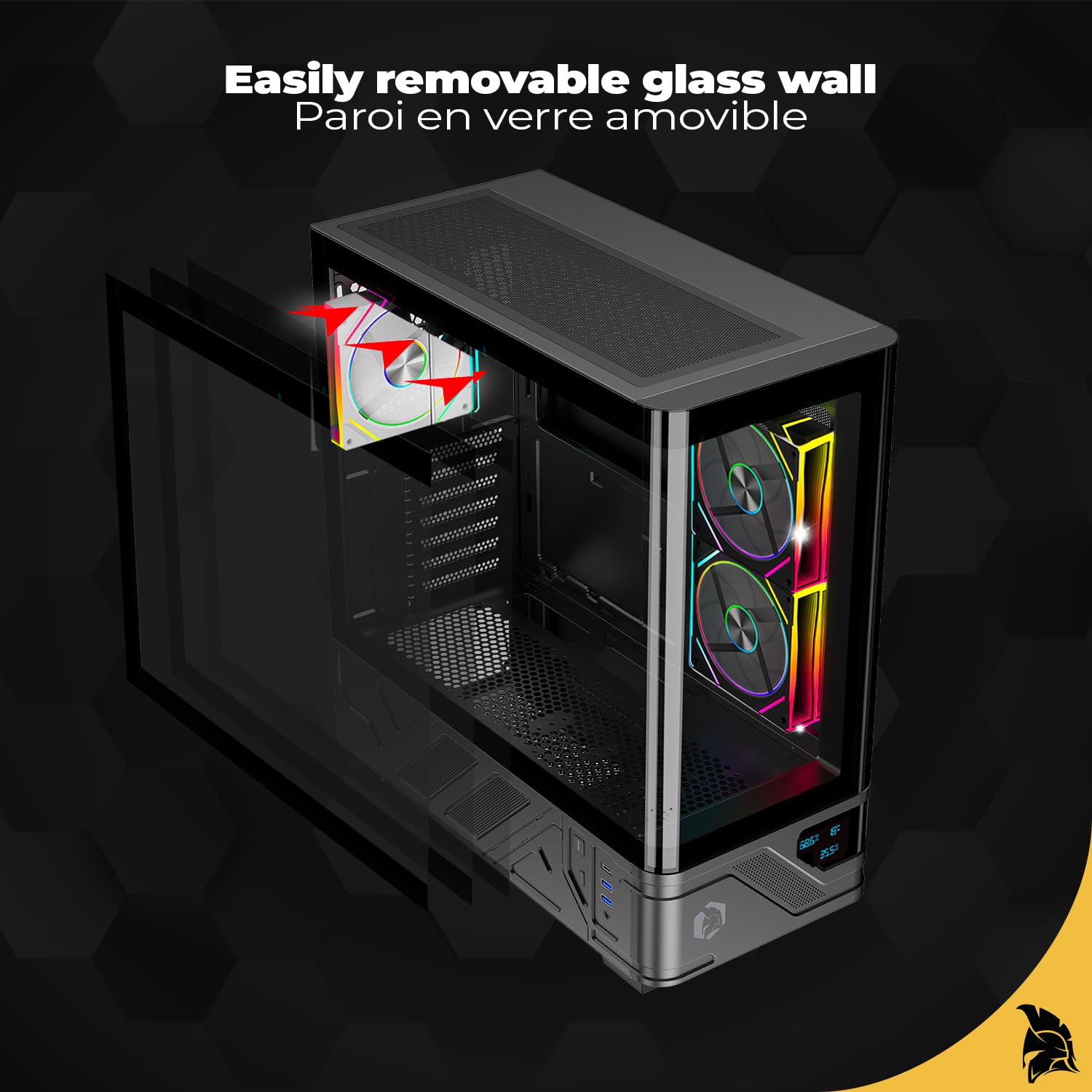 Empire Gaming ECM252 - Caja para PC Gaming Media Torre - Pantalla Digital integrada (Temperatura CPU/GPU, RPM) - 3 Ventiladores ARGB - Compatible con ATX, Micro-ATX, ITX - USB C (Negro)