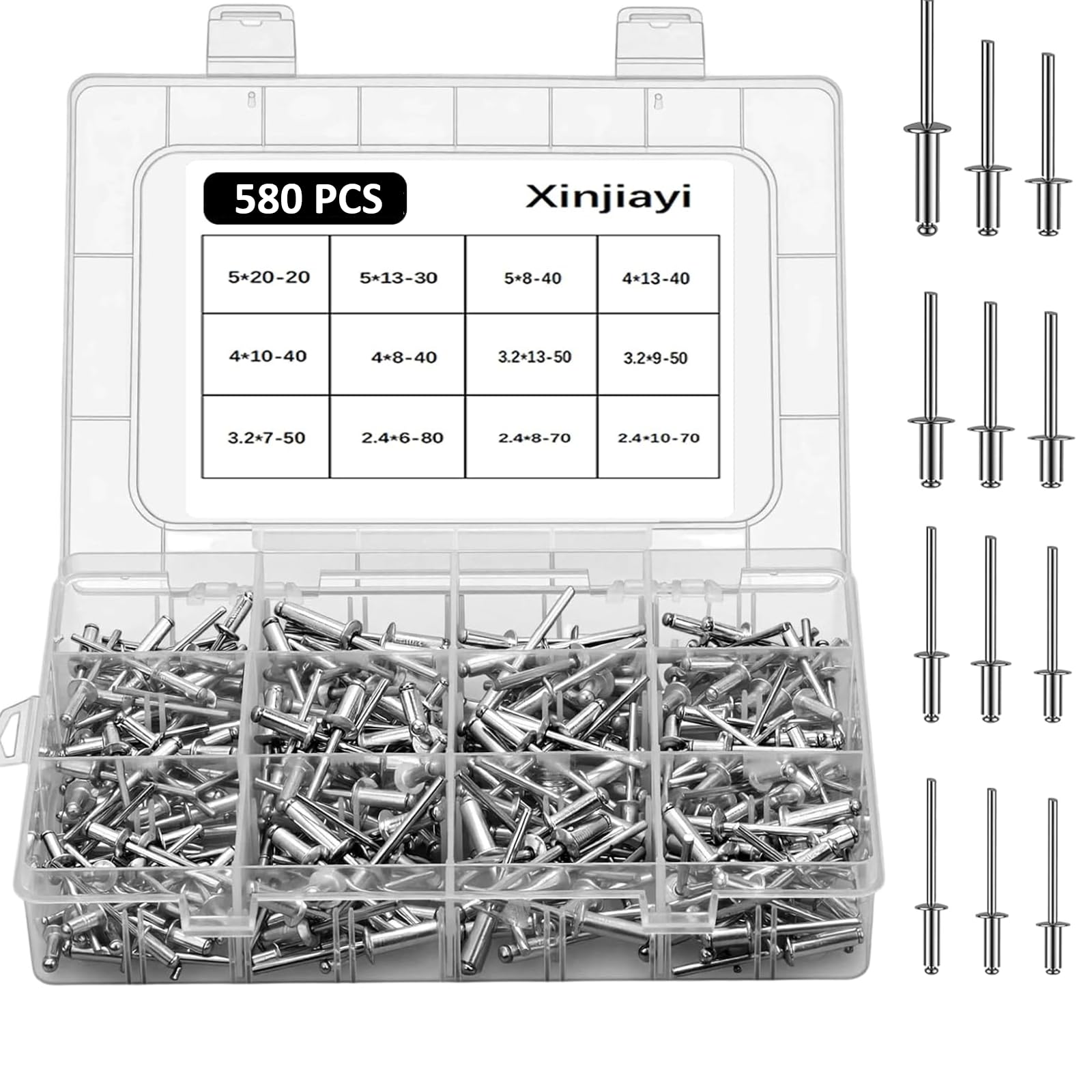 Xinjiayi 580 Pcs Pop Rivets Set Aluminium 12 Sizes Rivets 2.4/3.2/4/5 mm