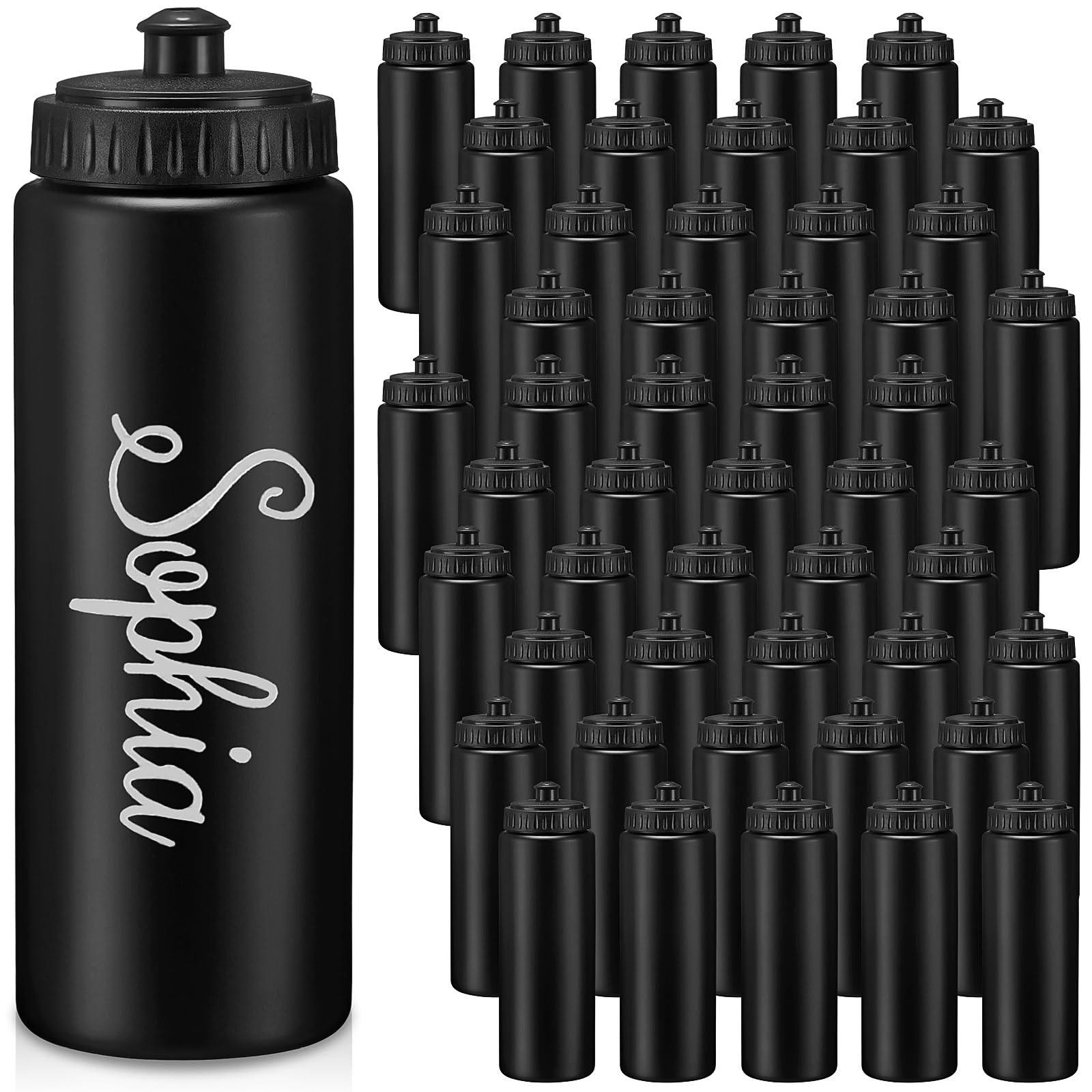 Dandat 50 Pack Reusable Water Bottles Bulk for Boy Adults 24oz Plastic Pull Top Cap Team Sports Bottles