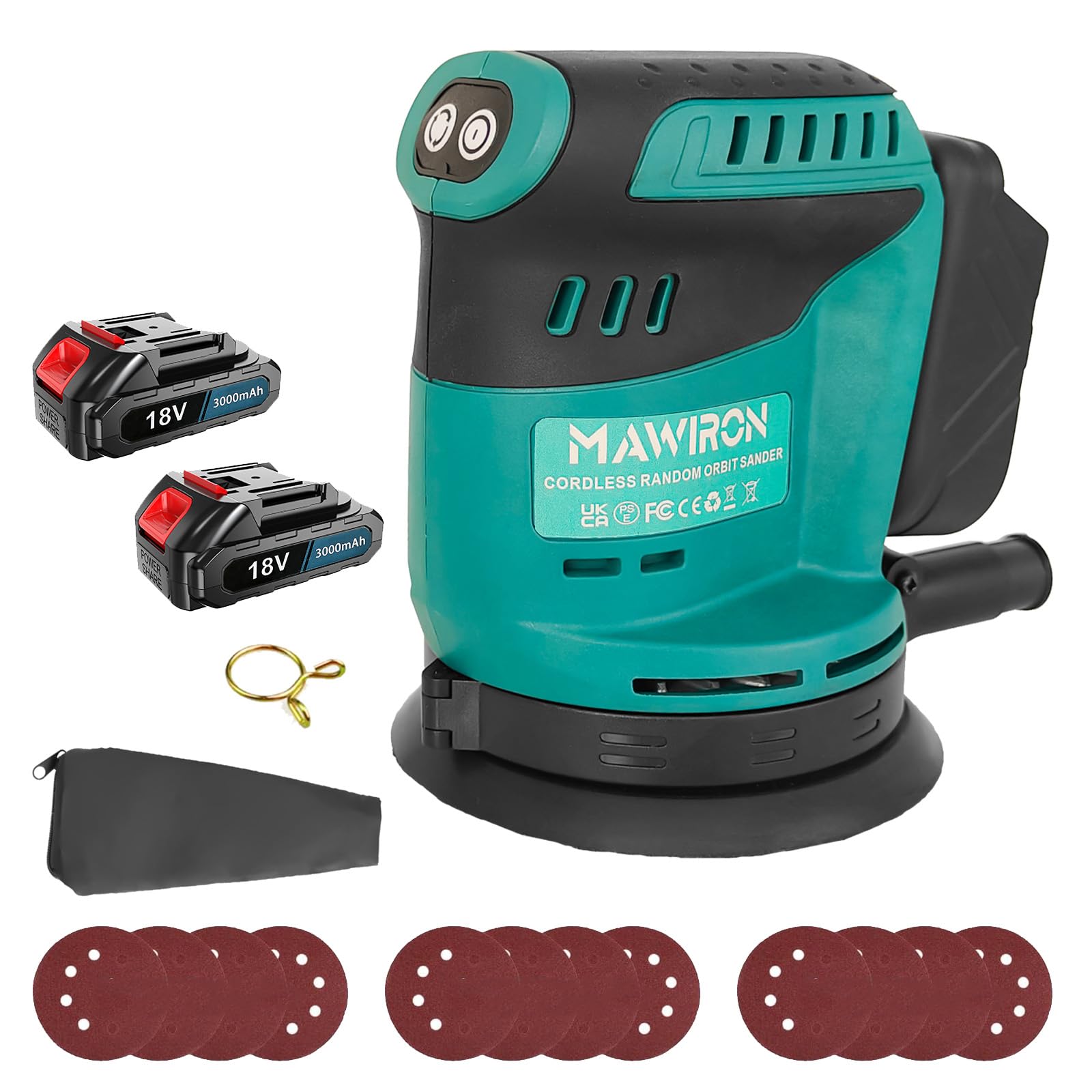 Bezszczotkowa szlifierka mimośrodowa z akumulatorem, zamiennik do Makita DBO180Z, bezprzewodowa szlifierka elektryczna 125 mm do szlifowania, polerowania, wygładzania powierzchni, z 12 papierem