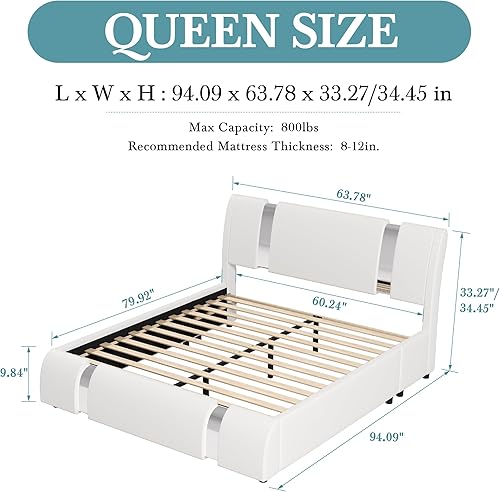 Miniatura 2 de HOOMIC Marco de cama moderno de piel sintética con decoración de piezas de hierro, plataforma de bajo perfil con cabecera ajustable en altura,