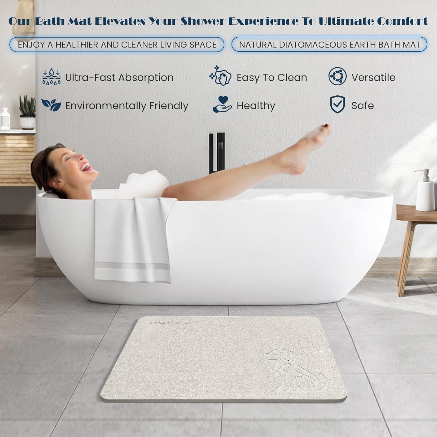 Stone Bath Mat Quick Drying Absorbent Shower Mat Diatomaceous Earth Pad Bathroom Floor Bathtub Pad Non-Slip Easy to Clean Bathroom Essentials (Pet Pattern-Beige)