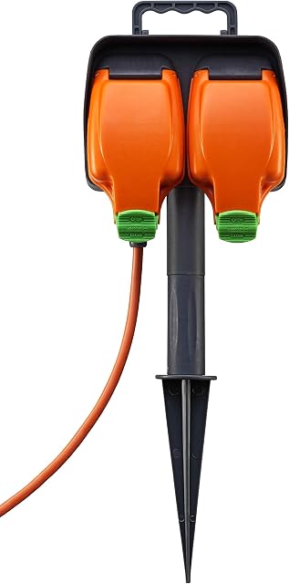 Masterplug IPGS15/2-MS Weatherproof Outdoor Inline Double Socket Garden Spike with 15 Metre Extension Lead, IP54 Rated