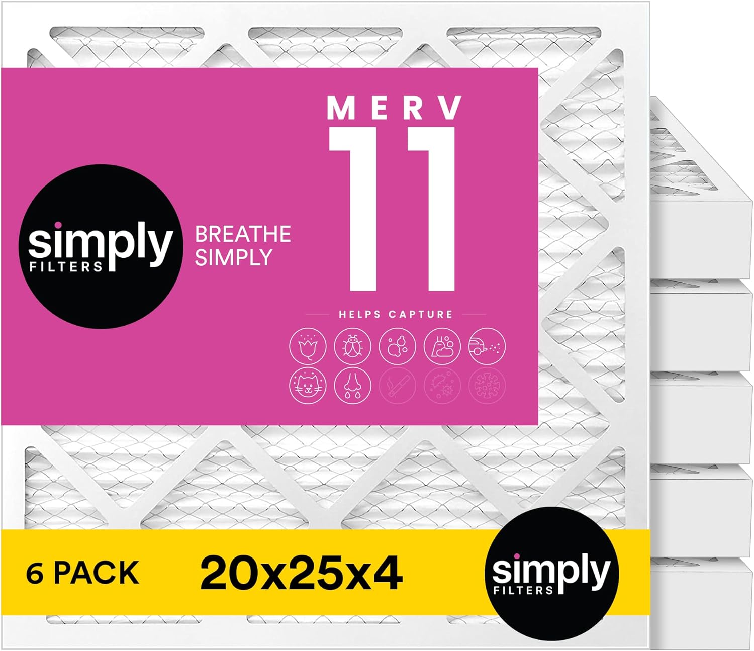 Simply 20x25x4 Air Filter, MERV 11, MPR 1000, 6 Pack, Furnace Air Filter for HVAC (Actual Size:19.5"x24.5"x3.63") DUST, Pet, & Allergy Control