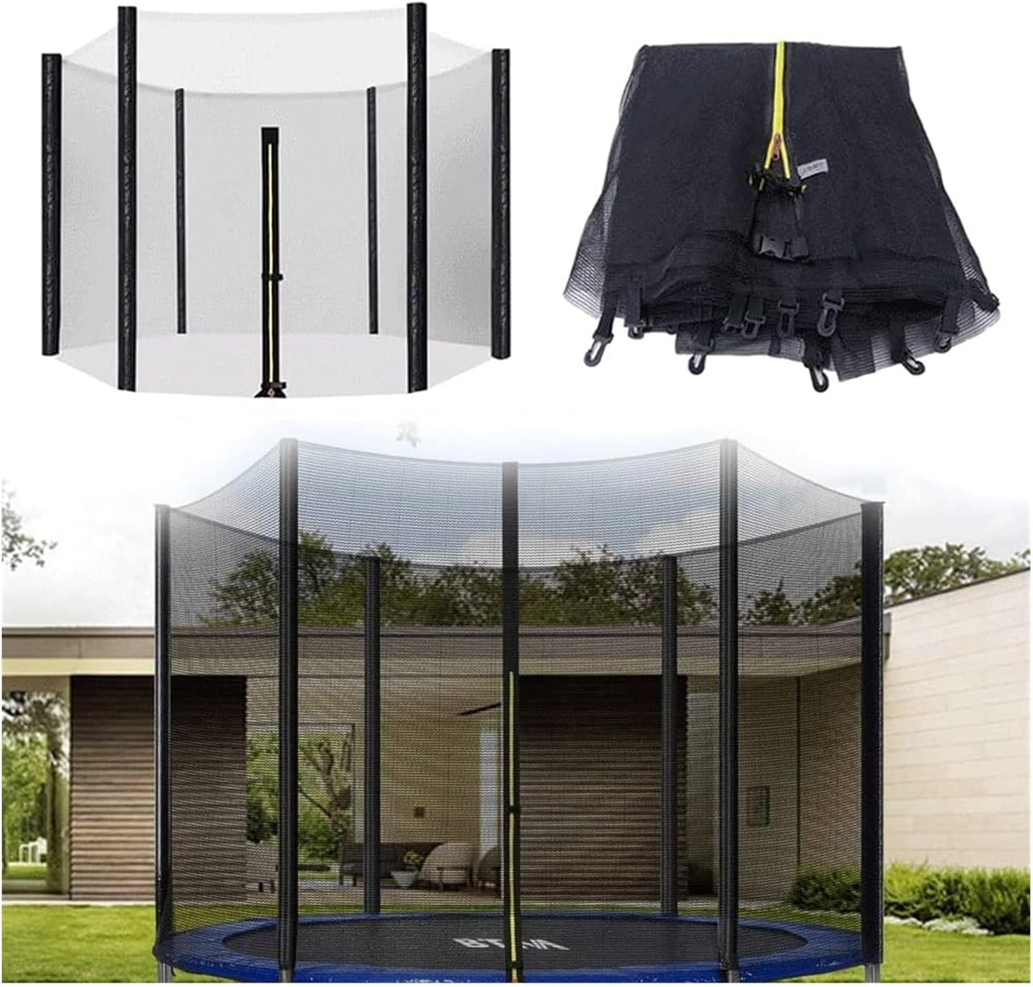 Trampoline Safety Net 6ft 8ft 10ft 12ft Enclosure Surround Netting with Dual-Headed Zippers, Protection Buckles & Enhanced Hook, Fits for Round Frame Trampolines, Net Only