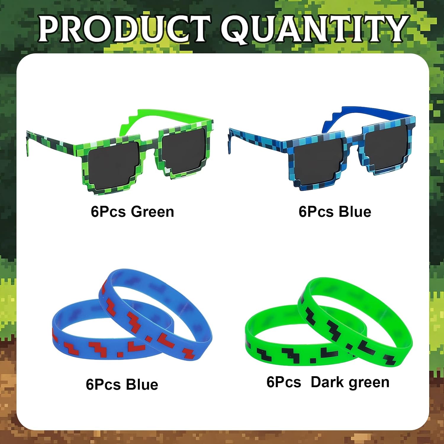 24Pcs Pixel Theme Birthday Party Favors Pixelated Sunglasses Silicone Bracelets Mining Theme Party Supplies image 2