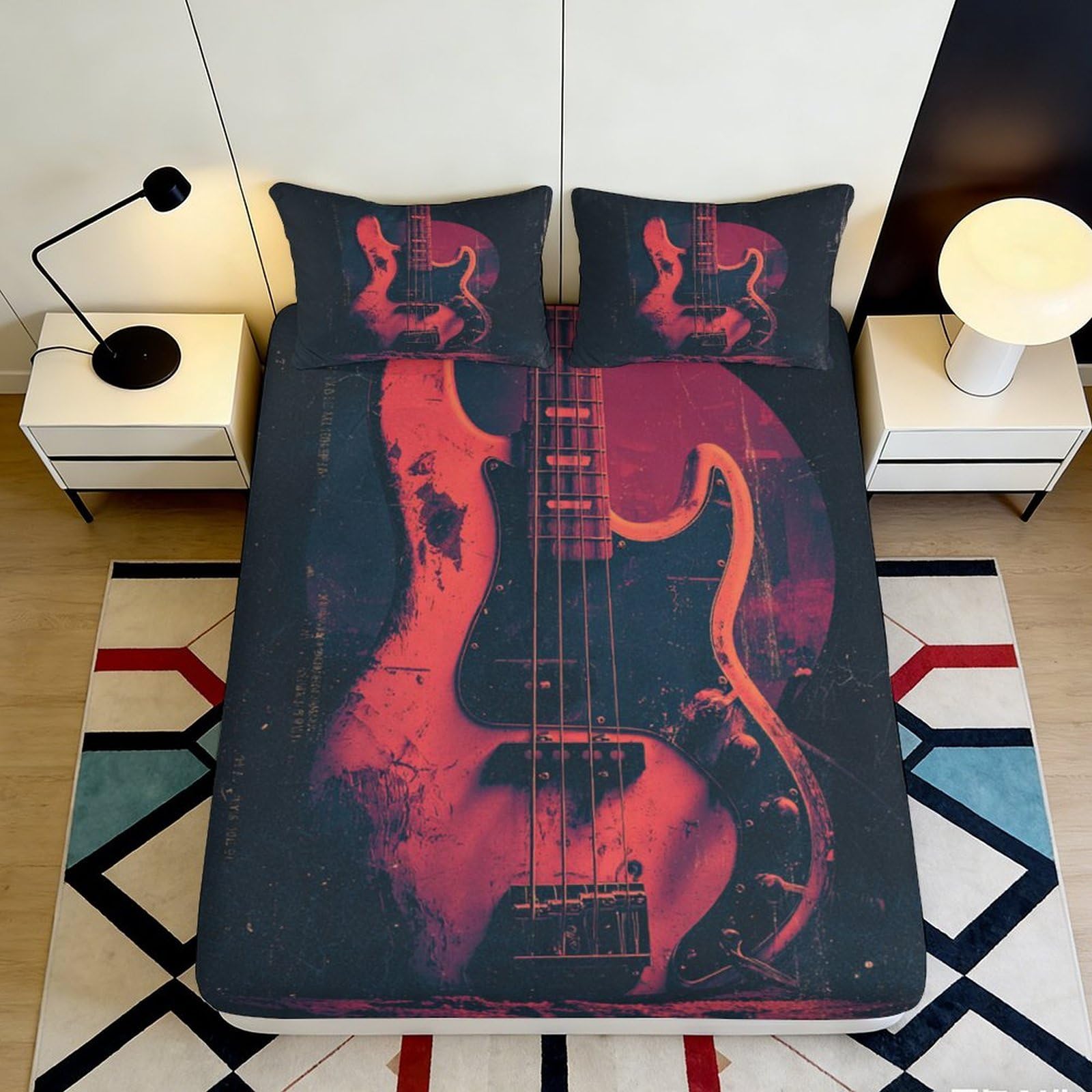 Pnayamiorkfel Style-5 3D Printed Vintage Guitar Fitted Sheet Microfiber Artistic Red Black Bed Cover For Bedroom Guest Room Decor 90X200x25cm
