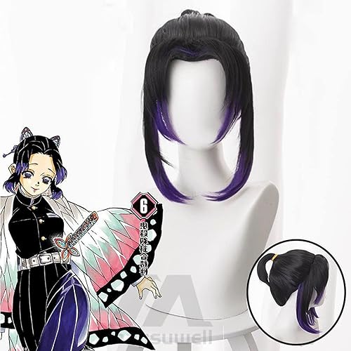 Miniatura 5 de Pelucas de cosplay de pelo corto negro y morado peluca de anime para mujeres para Halloween, carnaval, fiesta de disfraces con gorra de peluca