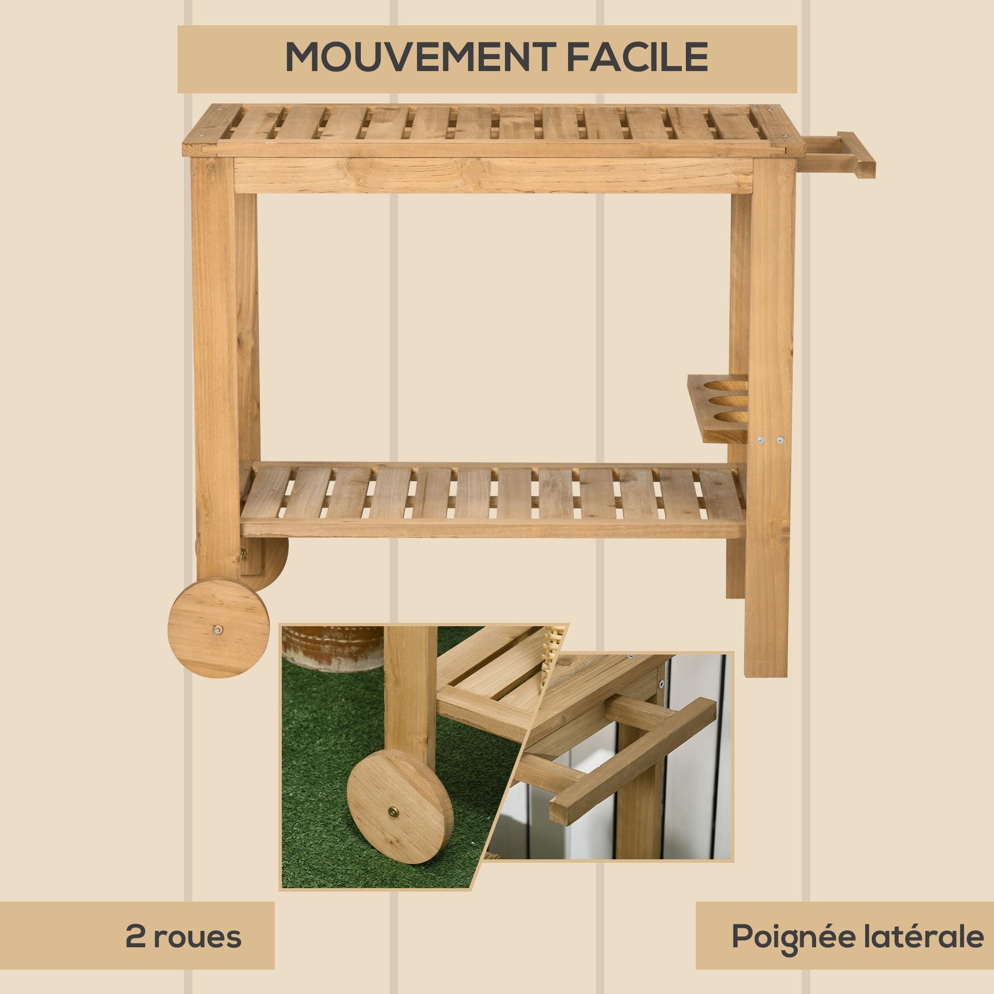 Outsunny Carrello da giardino per piastra barbecue in legno 2 vassoi portabottiglie 95 x 47 x 74 cm