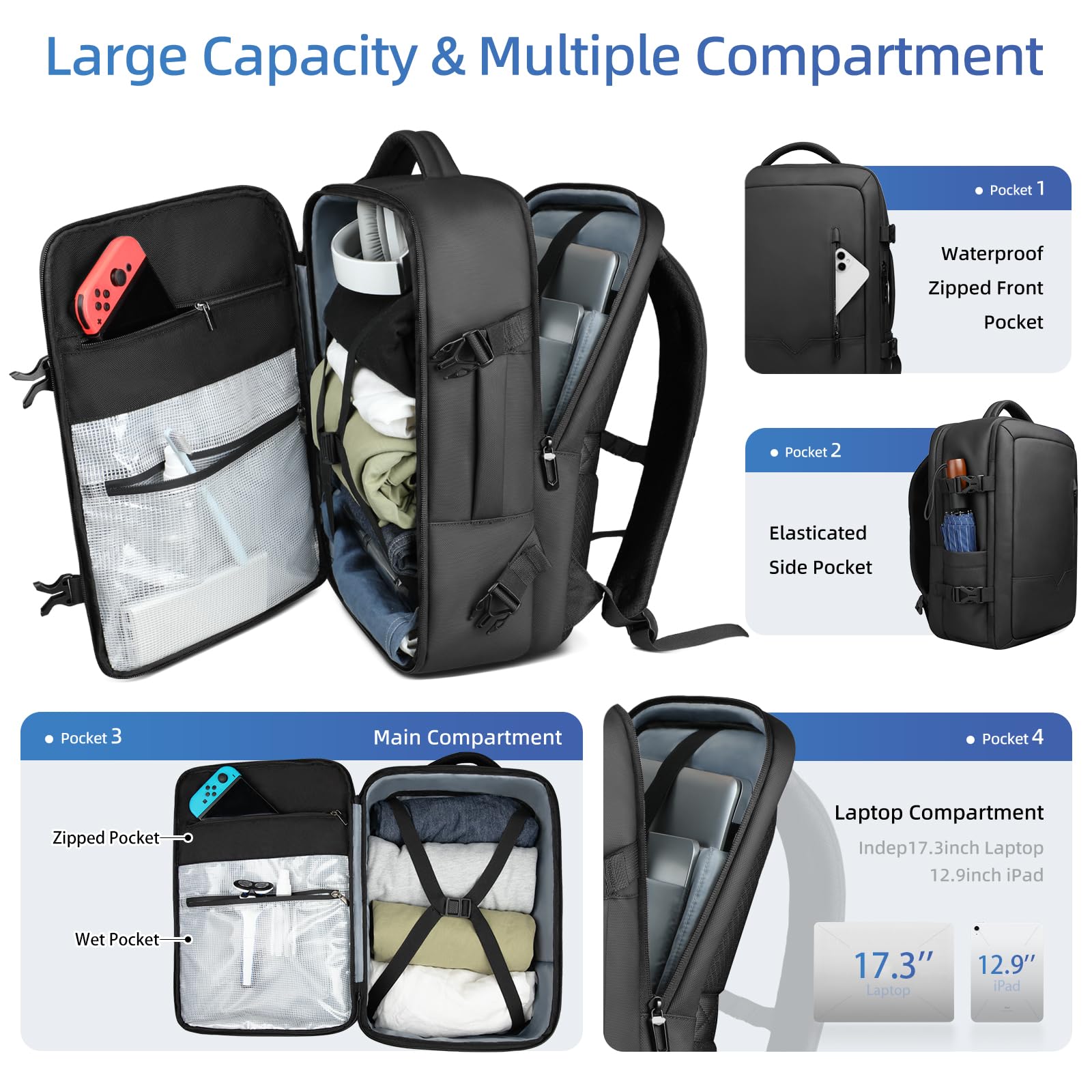 hk Sac à Dos Voyage Cabine Avion 45X36X20 Bagage Cabine Grande étanche Sac à dos pour Ordinateur Portable 17,3 Pouces Homme Femme 30L Travail Affaires Université Noir