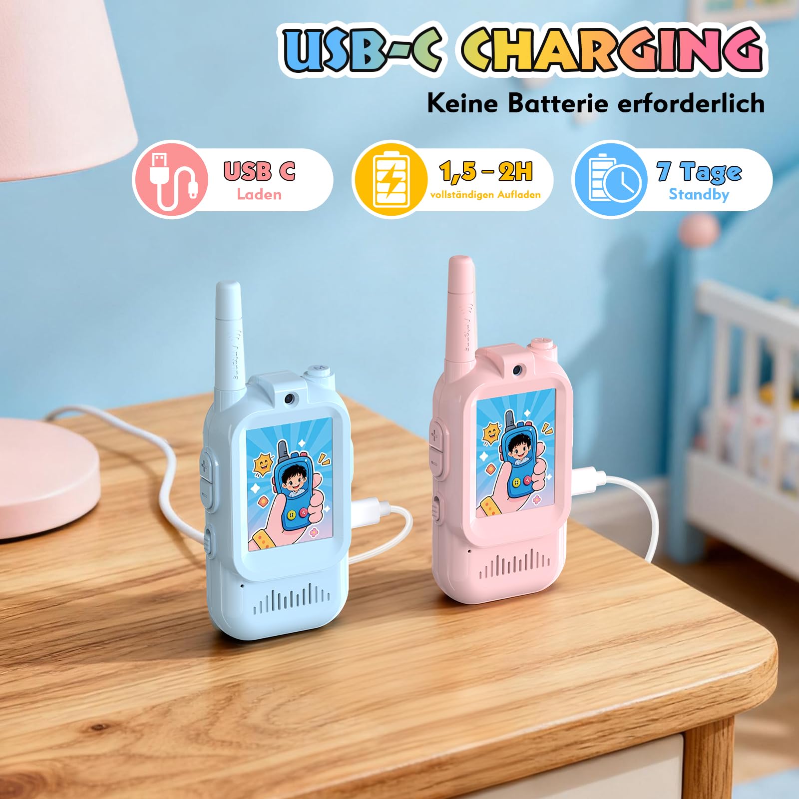 Video Walkie Talkie Kinder,2er Set Walky Talky Kinder Aufladbar Weihnachten Geschenk Spielzeug 3-12 Jahren Junge und Mädchen,5km Walki Talki für Abenteuer im Freien (Blau+Rosa, Einheitsgröße)