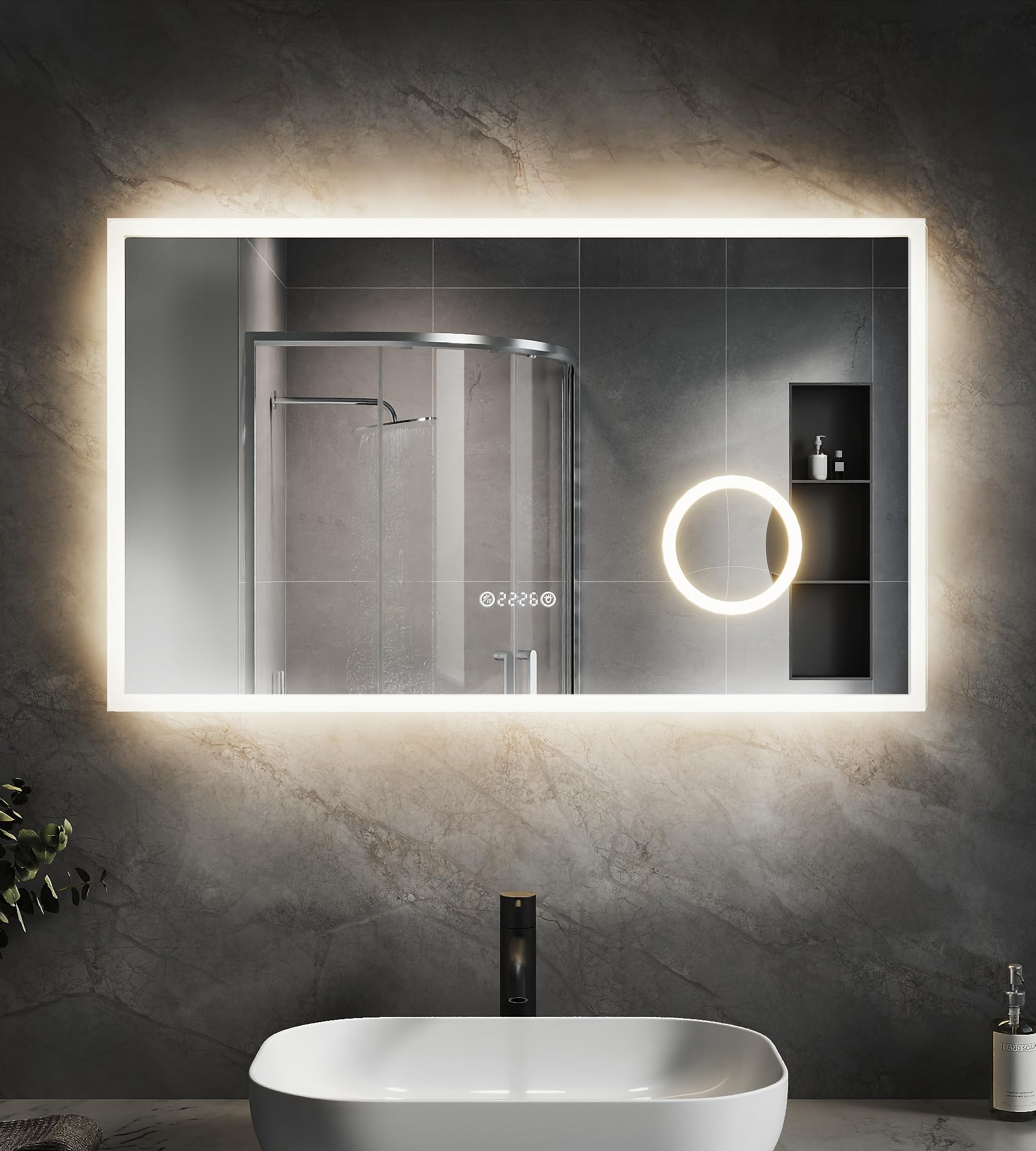 SVNR badezimmerspiegel mit beleuchtung - 100 x 60 cm spiegel mit beleuchtung, Wandmontierter Multifunktionaler Badezimmerspiegel, R10-Abgeschrägte Kante, Uhr, Antibeschlag, LED-Smart-Spiegel