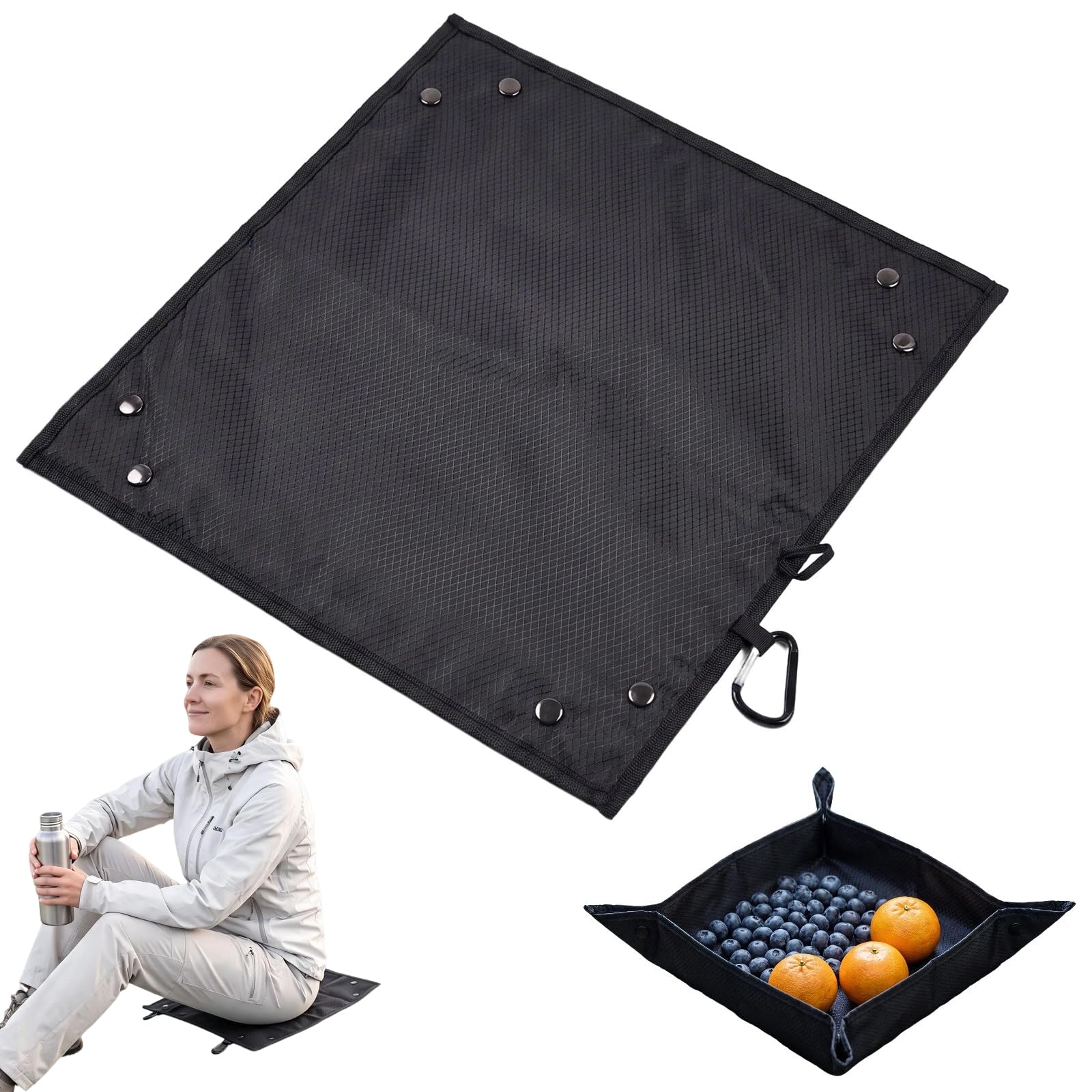 Folding Sit Mat – Camping Mat & Storage Tray with Corner Snaps – Ultralight Outdoor Seat Pad – Waterproof Double-Layer Fabric – Portable Travel Cushion with Carabiner for Hiking, Picnic, Beach