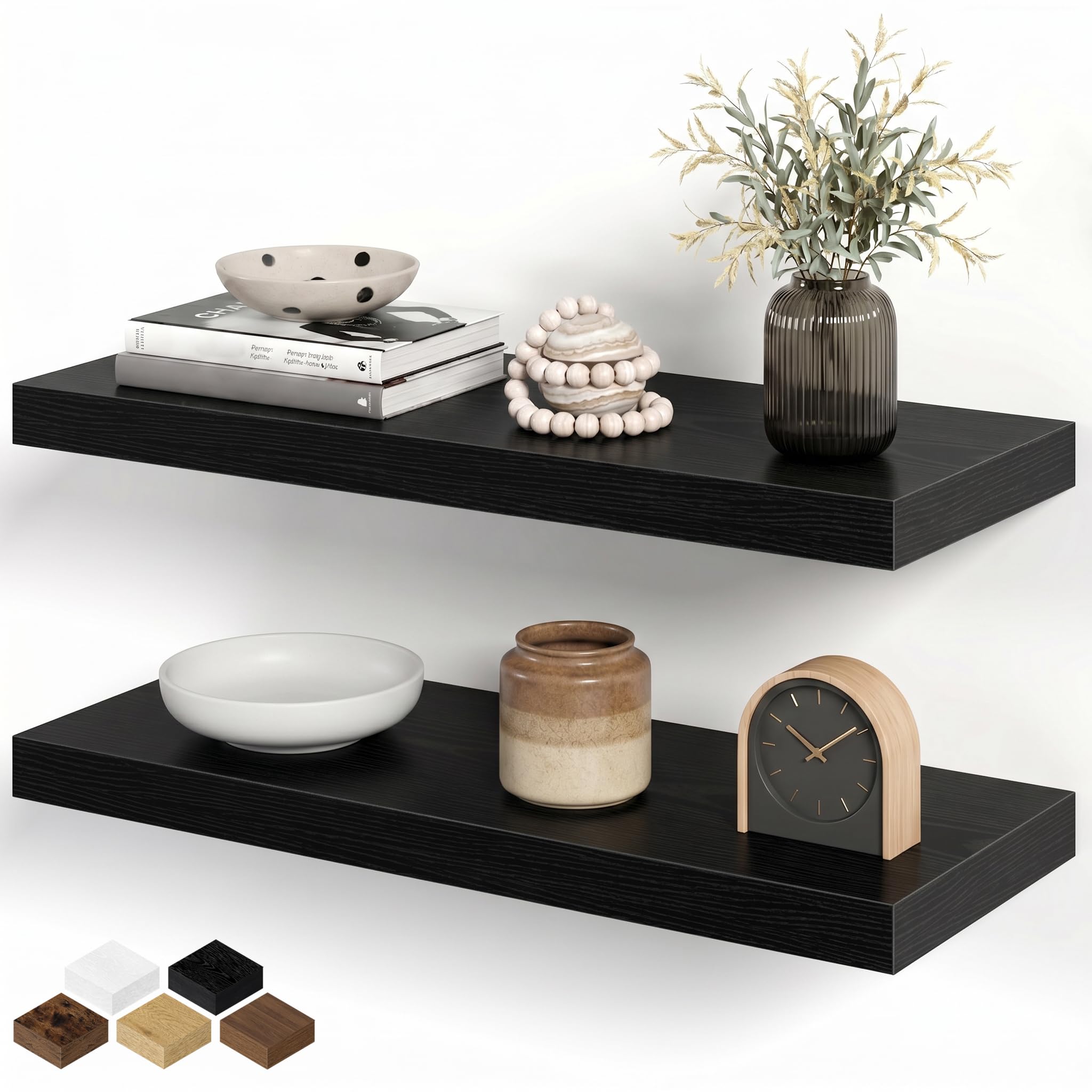 Floating Shelves for Wall, 60cm Floating Shelves Set of 2, Wall Mounted Rustic Wood Shelf for Bathroom, Living Room, Bedroom and Kitchen, Hanging Shelf for Storage, Books, Home Decor, Black