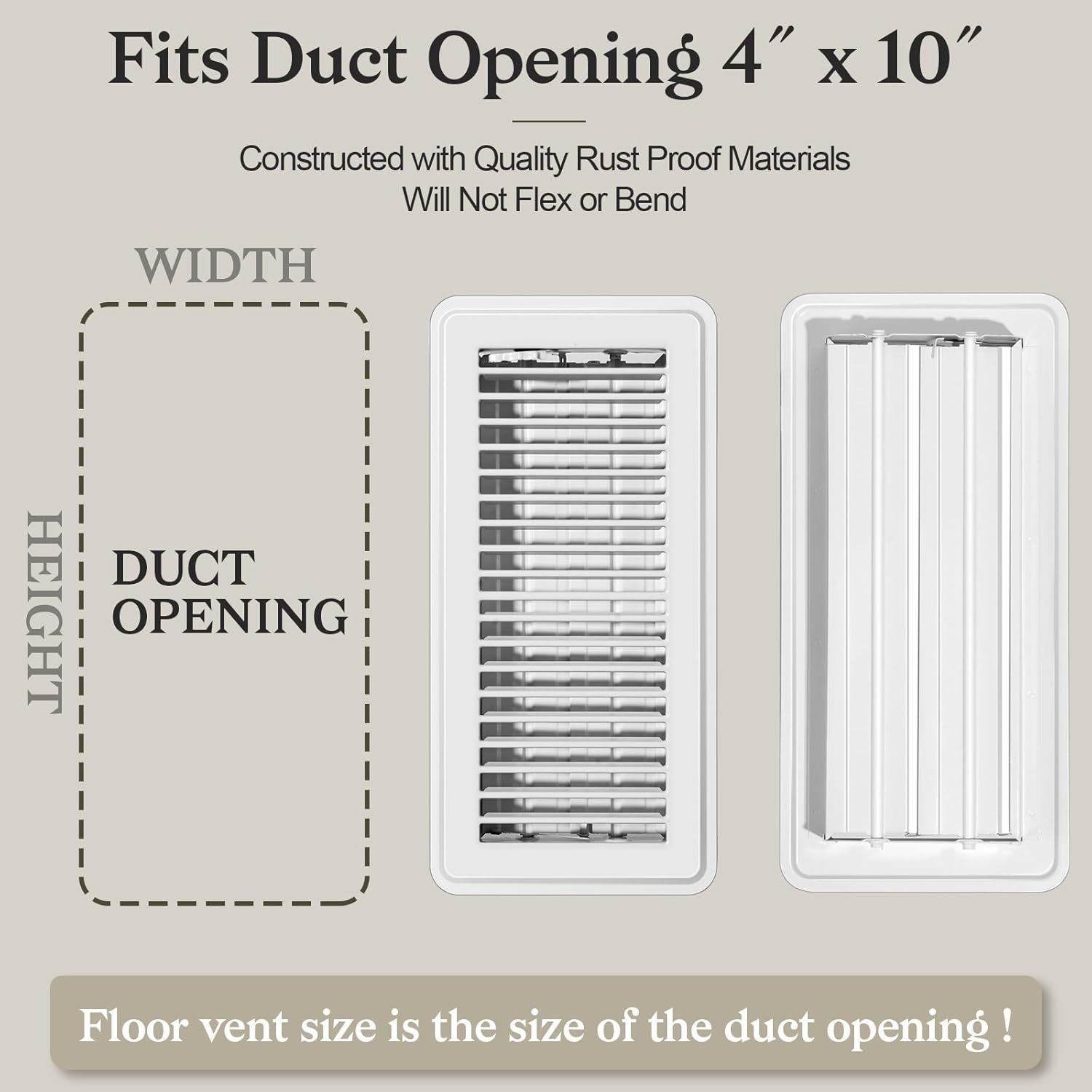 4x10 Heavy Duty Floor Registers, Rust Proof Finish Registers Grilles & Vents (2, White, 4x10 Inches)