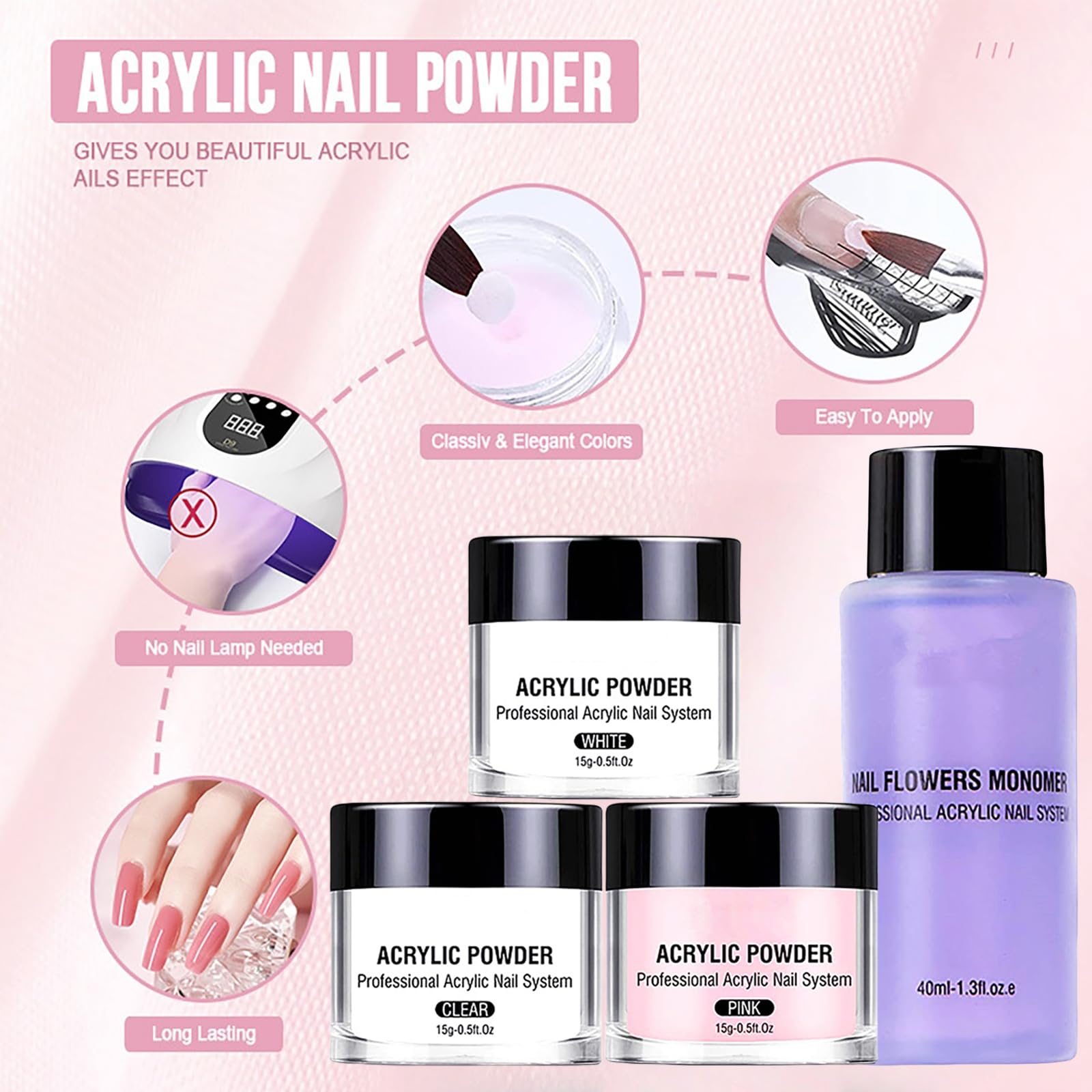 Set di polvere acrilica e liquido, 3 colori, pennello per nail art, forme, tazza di vetro, lima, kit di estensione per unghie per principianti – extension gel rapide