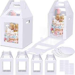Tall Cake Boxes for Tier Cakes with Cake Boards 4 Pack 10 & 12 Inch Disposable Large Tiered Cake Carrier Take Out Containers with Window for Wedding Birthday Bakery Cake Safe Transport Box