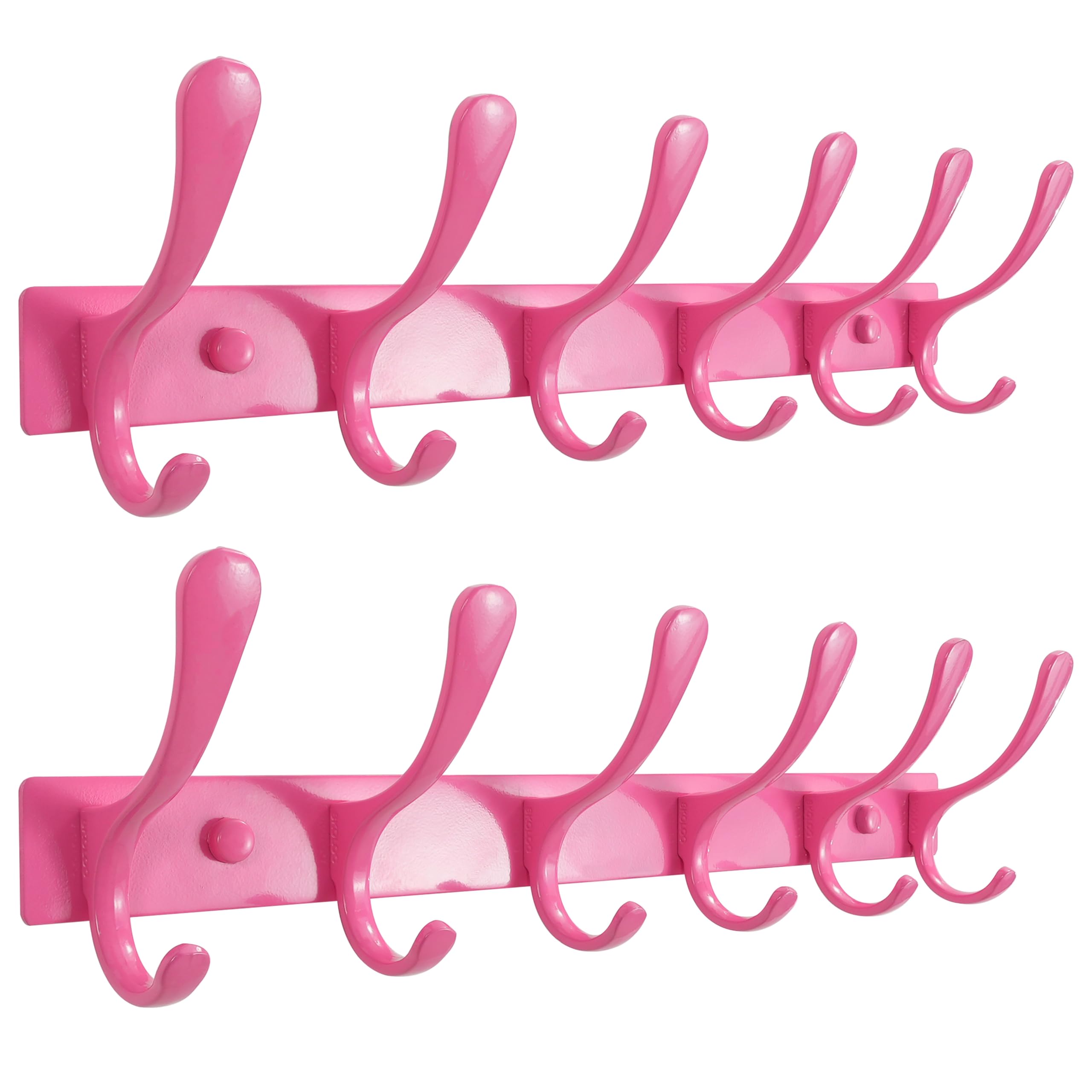 SKOLOO - Appendiabiti da parete a 6 ganci, confezione da 2, resistente, in acciaio inossidabile, gancio da parete in metallo, ganci robusti per appendere cappotti, giacche, vestiti, cappelli - Rosa