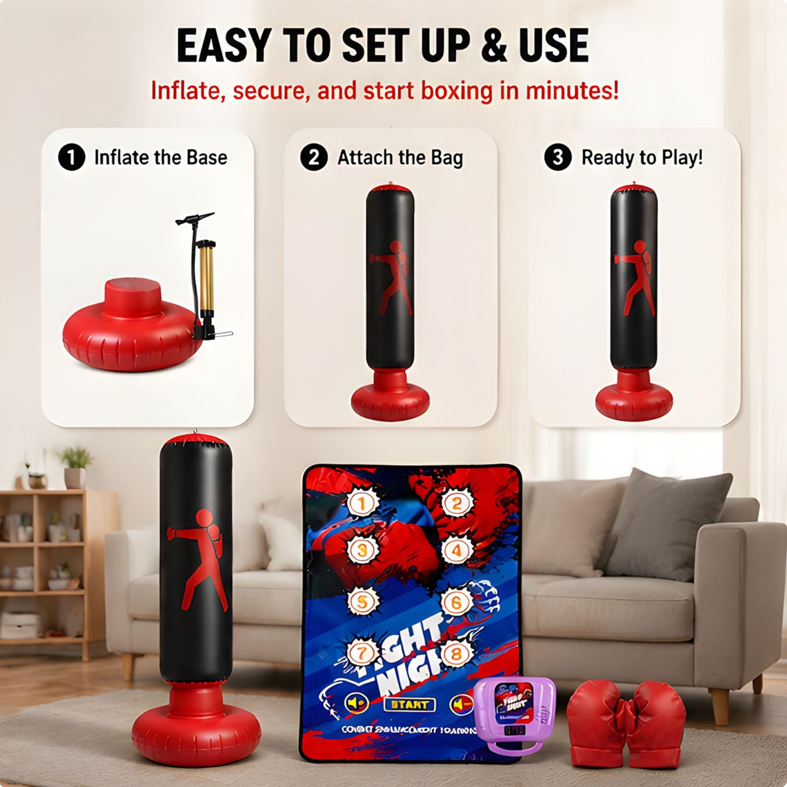 Juego de almohadilla de puntuación electrónica para jóvenes con bolsa inflable independiente, guantes y bomba de mano para el hogar, sala de juegos, juego activo