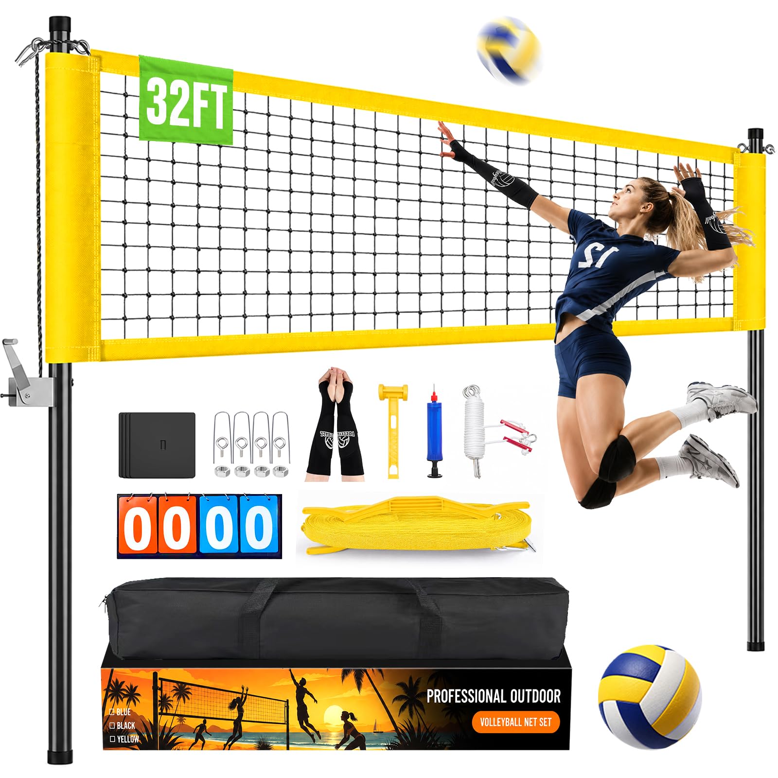 32ft Heavy Duty Portable Adjustable Volleyball Net Outdoor Beach | Set Aluminum Poles, An…