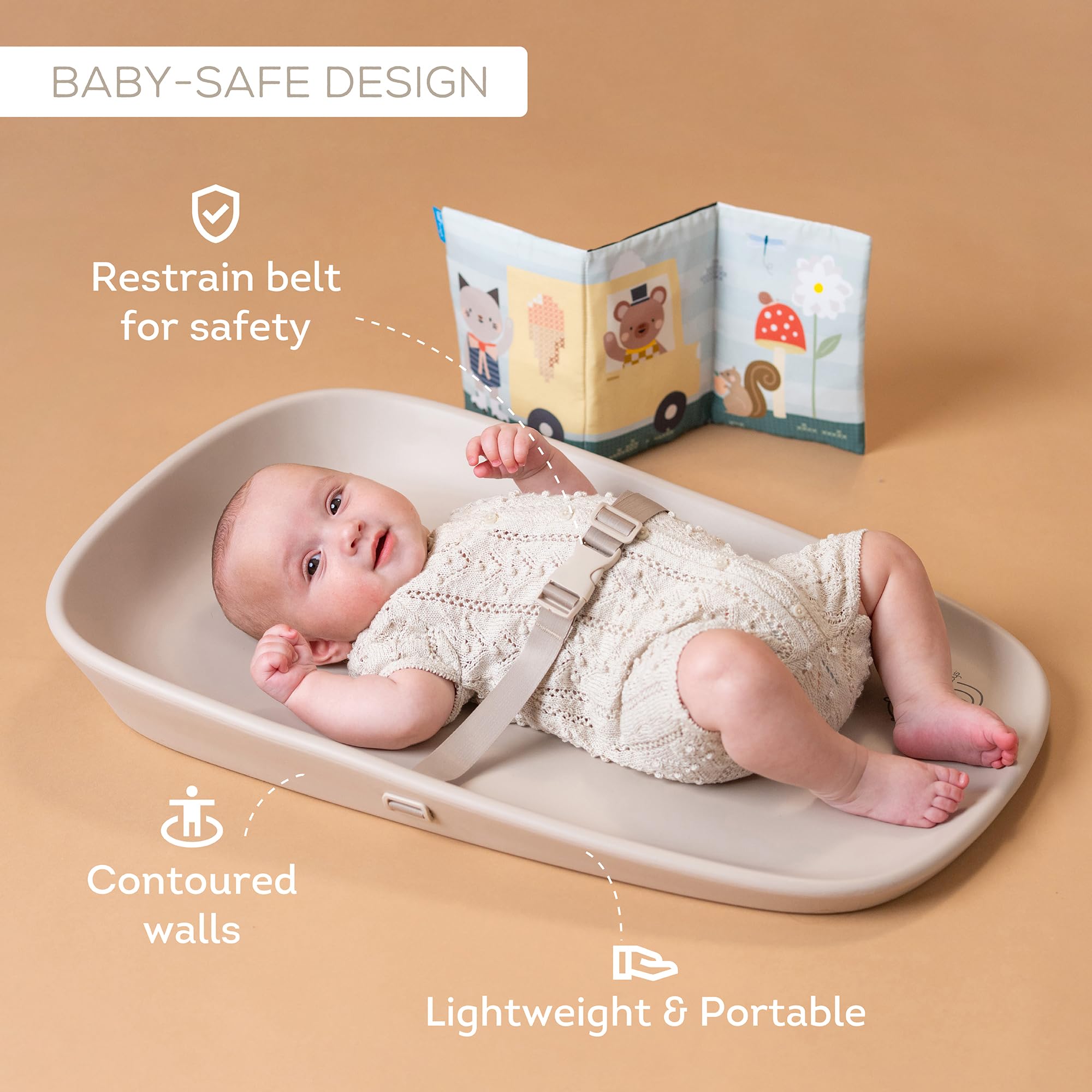 Taf Toys Fasciatoio e libro increspato, interattivo, impermeabile, lavabile, fasciatoio per comò con cinghia di sicurezza rimovibile, facile da pulire e antiscivolo impermeabile