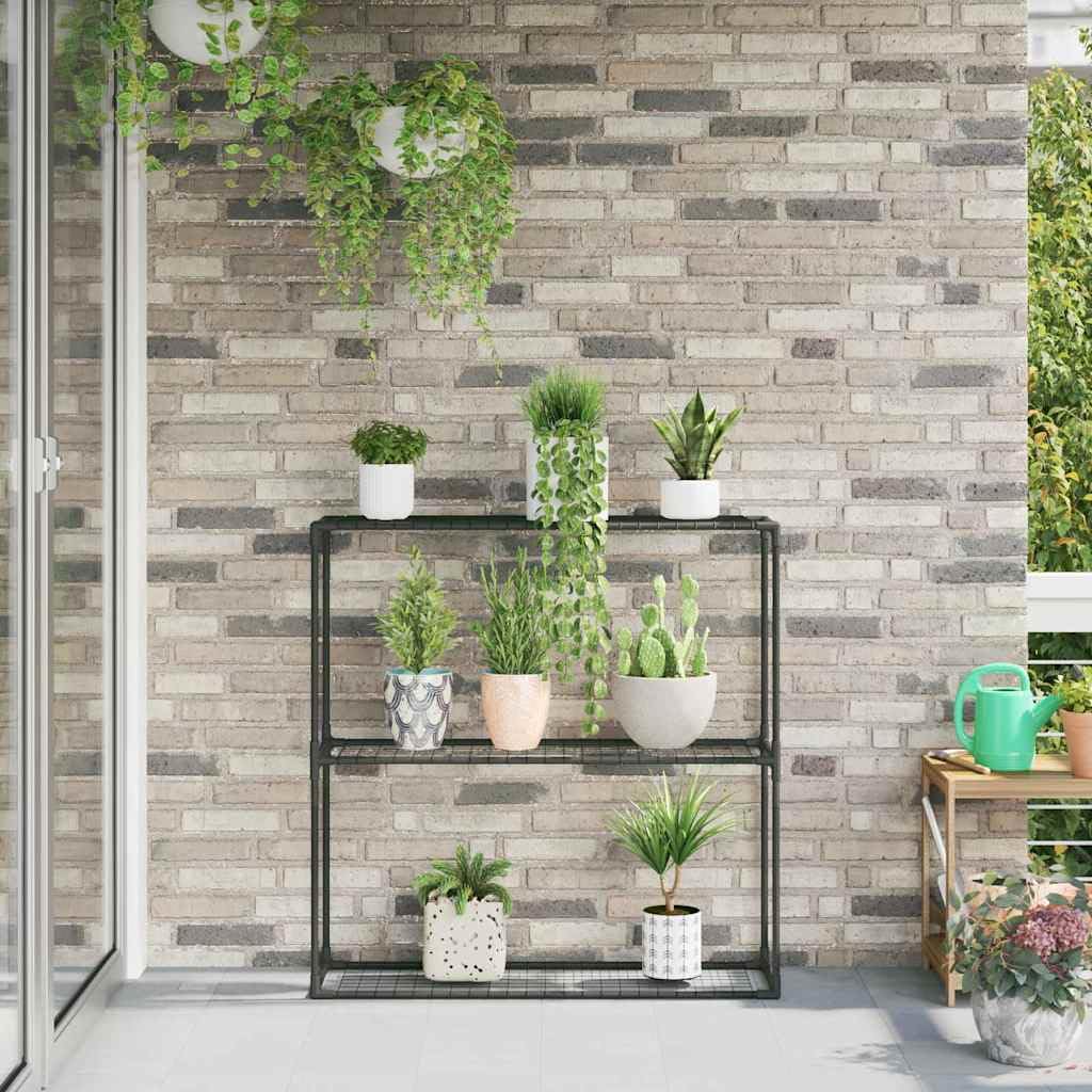 Moderno supporto per piante a 3 ripiani, nero, in acciaio, 100 x 32 x 102 cm, rettangolare, per esterni, con ripiani in rete per un drenaggio e una ventilazione ottimali, ideale