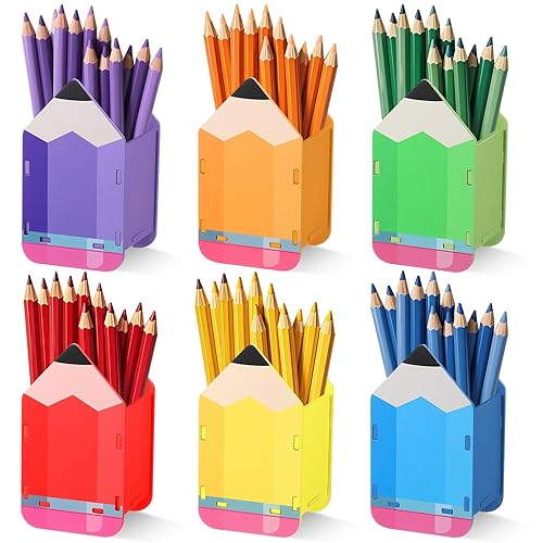 AmazingSpark 6 Pcs Pencil Shaped Holder Wooden Pencil Dispenser Storage Organizer Container Pen Cup Stationery Pot for Back to School Teachers Office Desk Gift Classroom Supplies (Rainbow Color) - Rainbow Color - 6