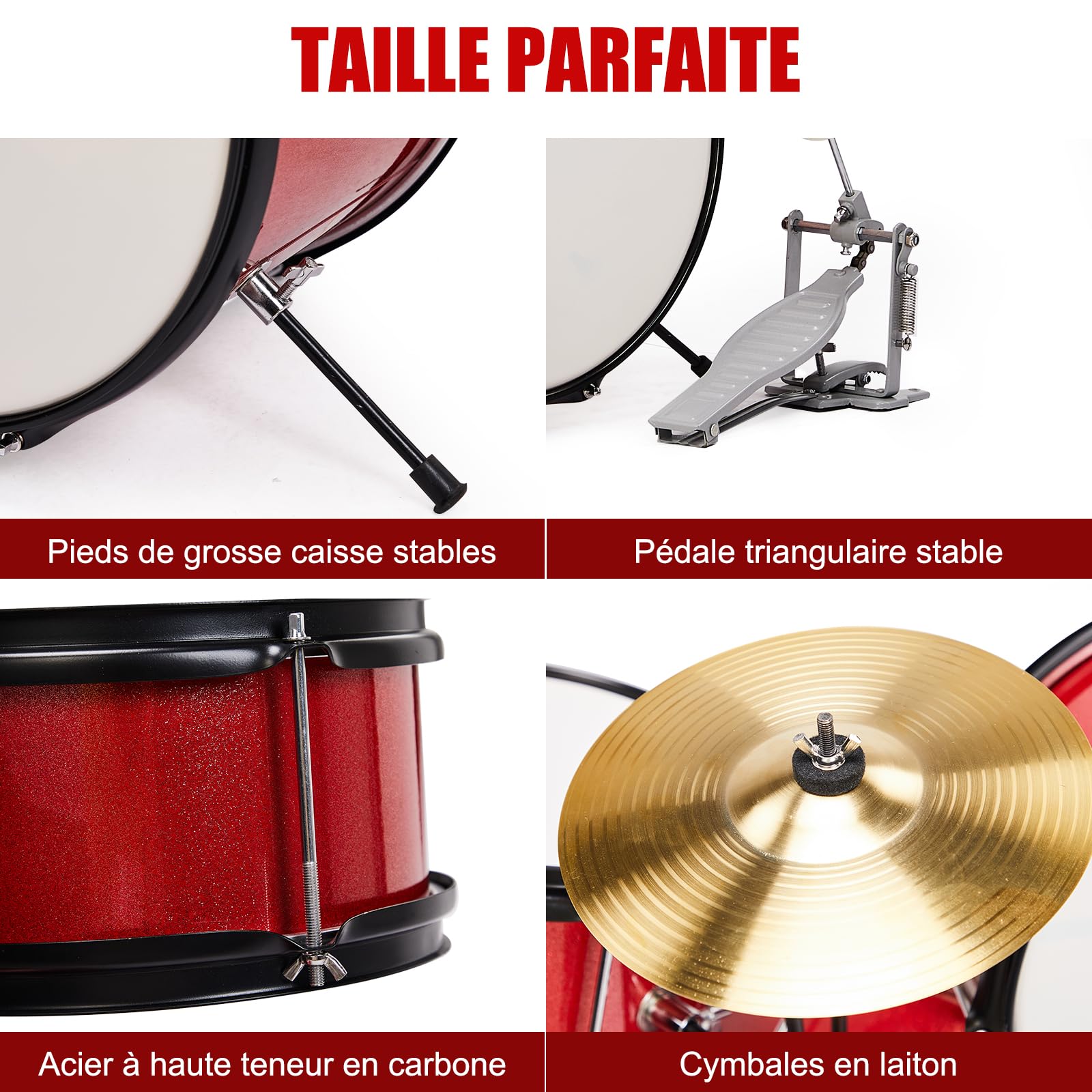 LEADZM Kit de Batterie pour Enfants 14", avec Tabouret, Pédale de Grosse Caisse et 2 Baguettes, Cymbale, Tom et Caisse Claire pour les 3 ans et plus (Rouge)