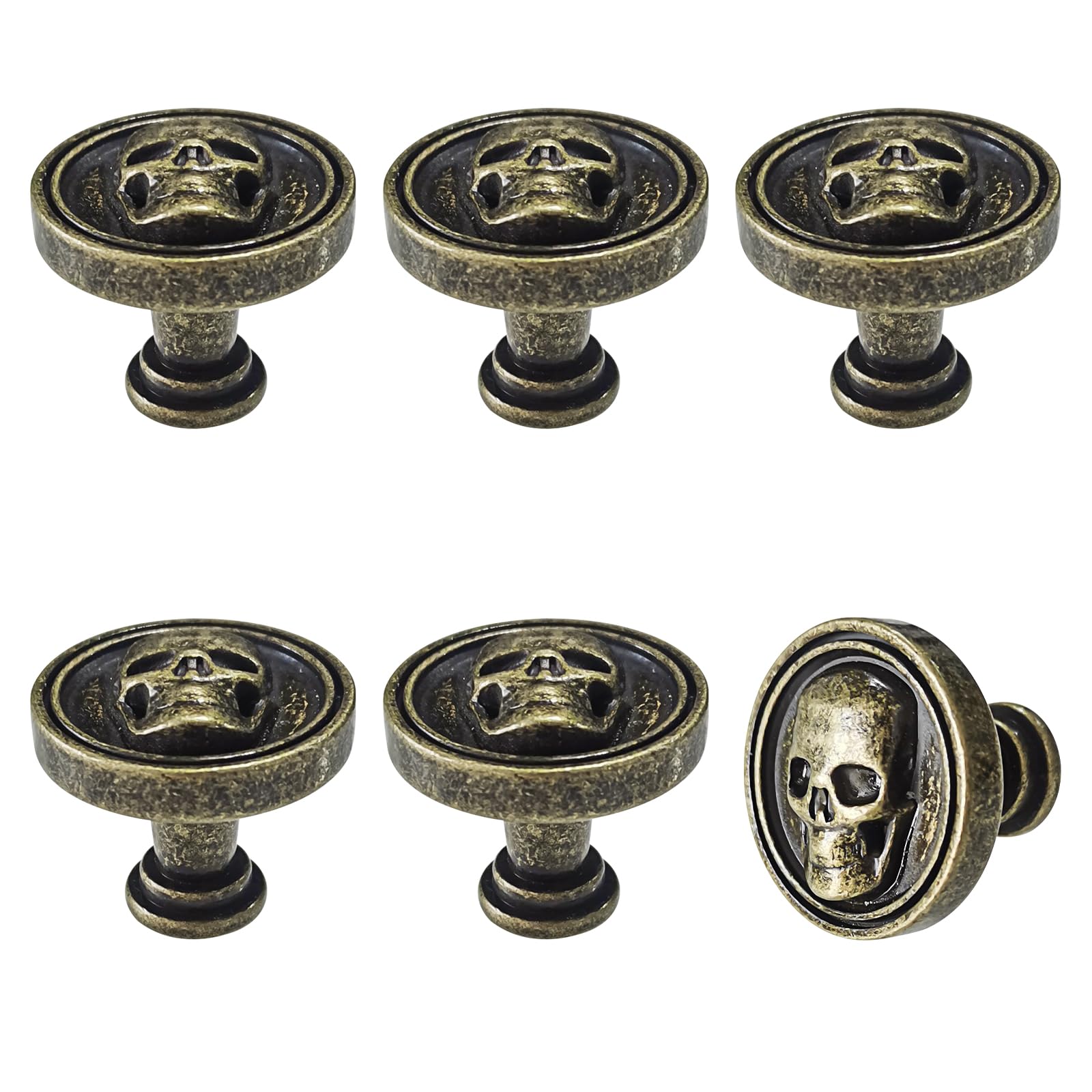 Vintage Skull Knob, 6 pcs Single Hole Cabinets Pulls for Drawer, Wardrobes, Bookcases, Dresser, Closets (Bronze)