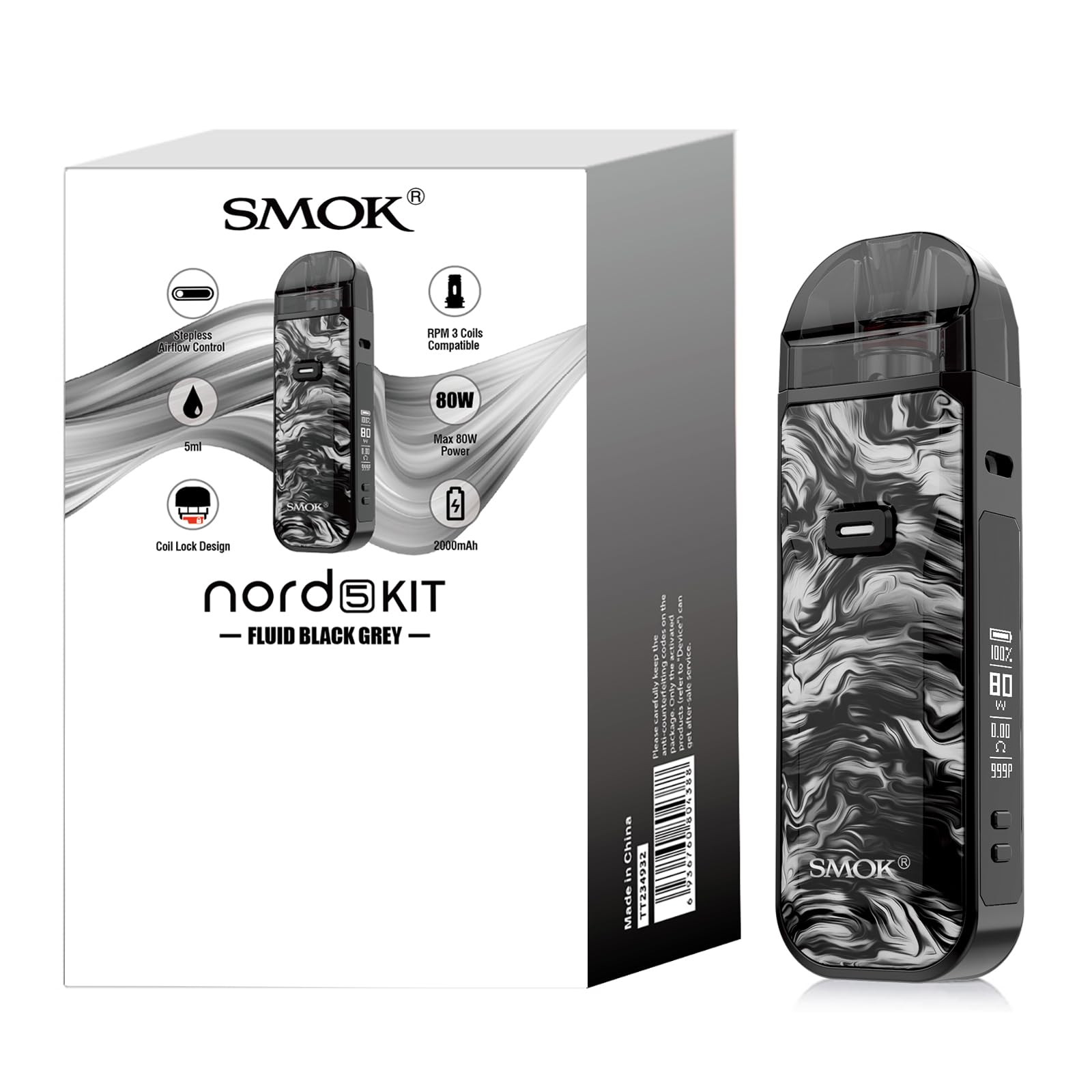 SMOK Nord 5 Kit Pod Vaporisateur 2000mAh 80W, capacité 5ml, compatible  résistances RPM 3, flux d'air double face, charge Type-C, écran OLED 0,69