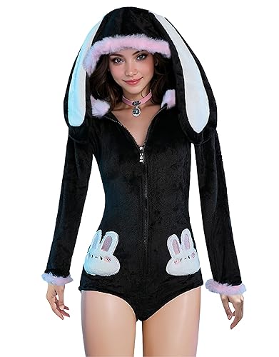 Mobbunny Cute Bunny Ear Onesie Pajama Fuzzy Romper Long Sleeve Loungewear Hooded Jumpsuit Zipper Fluffy Homewear with Socks