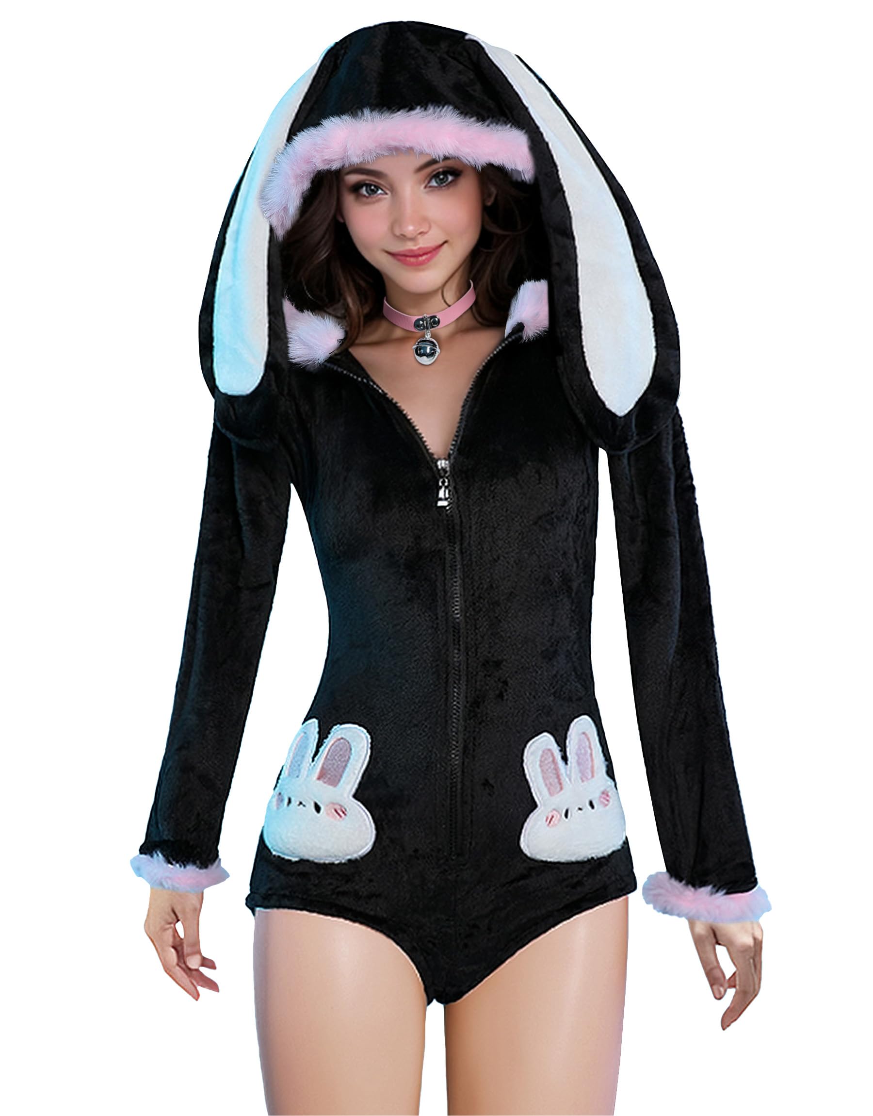 Mobbunny Cute Bunny Ear Onesie Pajama Fuzzy Romper Long Sleeve Loungewear Hooded Jumpsuit Zipper Fluffy Homewear with Socks: Medium Black