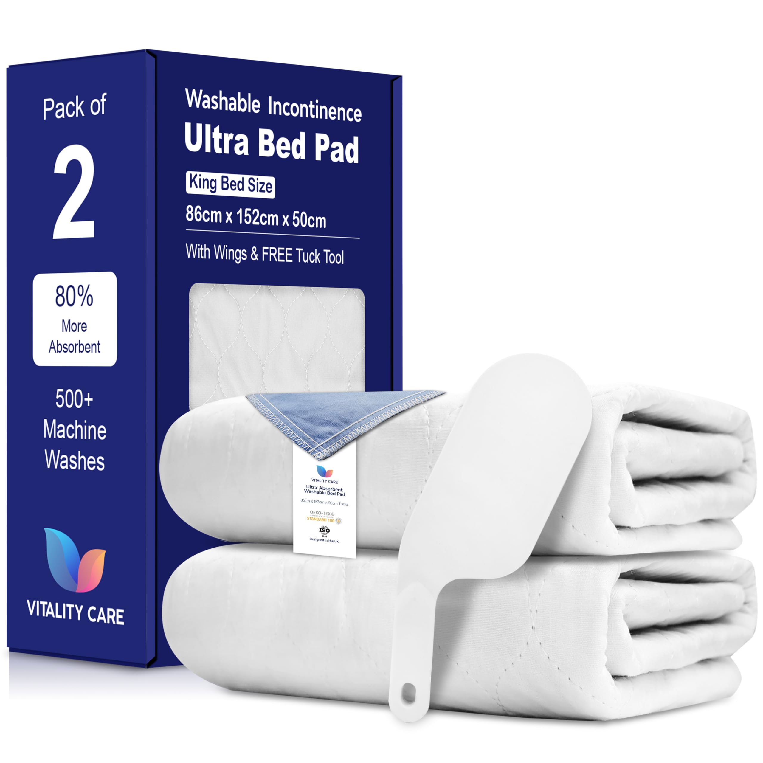 Vitality Care Waterproof Mattress Protector, Reusable Bed Pad for Incontinence, Washable, Absorbs 8 Cups, Tuck Design, King Size 86x152 cm, White
