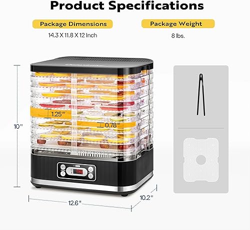 Miniatura 6 de VIVOHOME Deshidratador de alimentos, máquina hidráulica de 8 bandejas con temporizador digital de 72 horas y control de temperatura para frutas,
