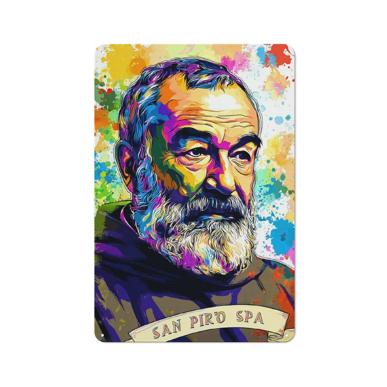 Junmoney Saint Pio's Colorful Portrait Tin Sign 30X20cm With For Workshop Wall, Vintage Decor, Gift For Workshop Decor Fans During The Christmas Season