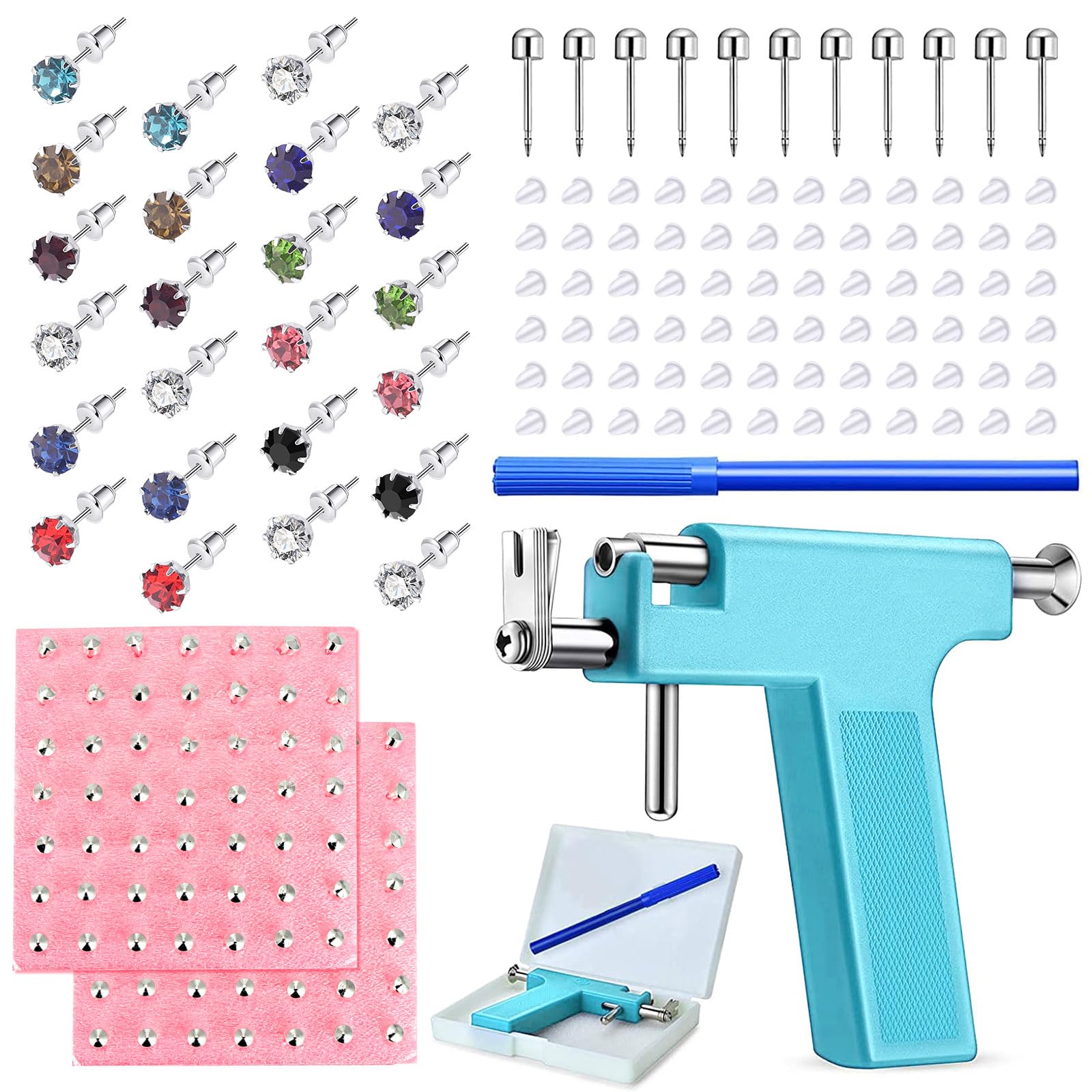 Longbeauty Juego de 224 pistolas perforadoras de acero inoxidable con arma para piercing de oreja, perno para pendientes, piercing corporal, juego de herramientas para ombligo, nariz, labio, septum,