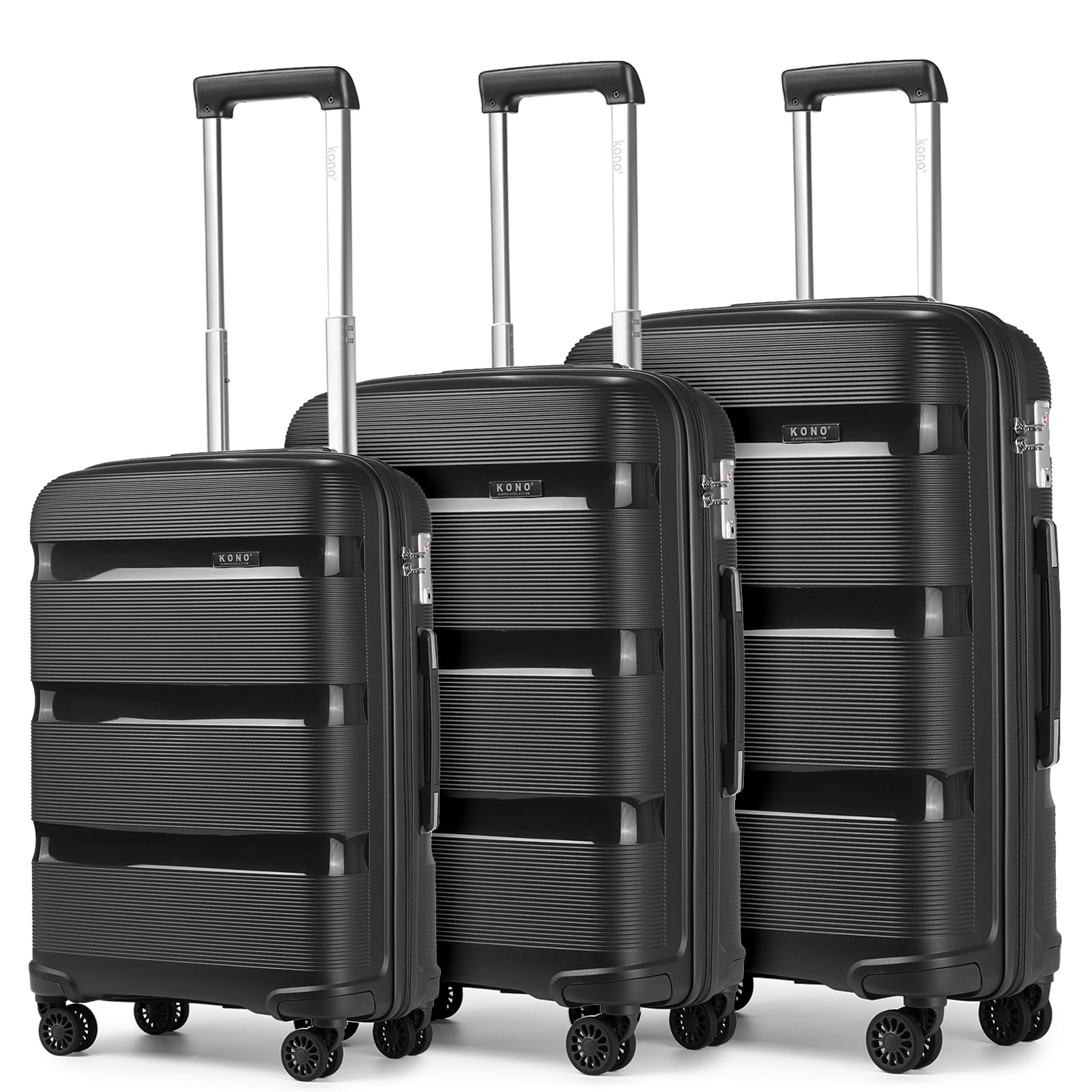 Kono Luggage Set Hard Shell Travel Trolley with 4 Spinner Wheels TSA Combination Lock Lightweight Polypropylene Suitcase, Black, M-L-XL, Luggage Set